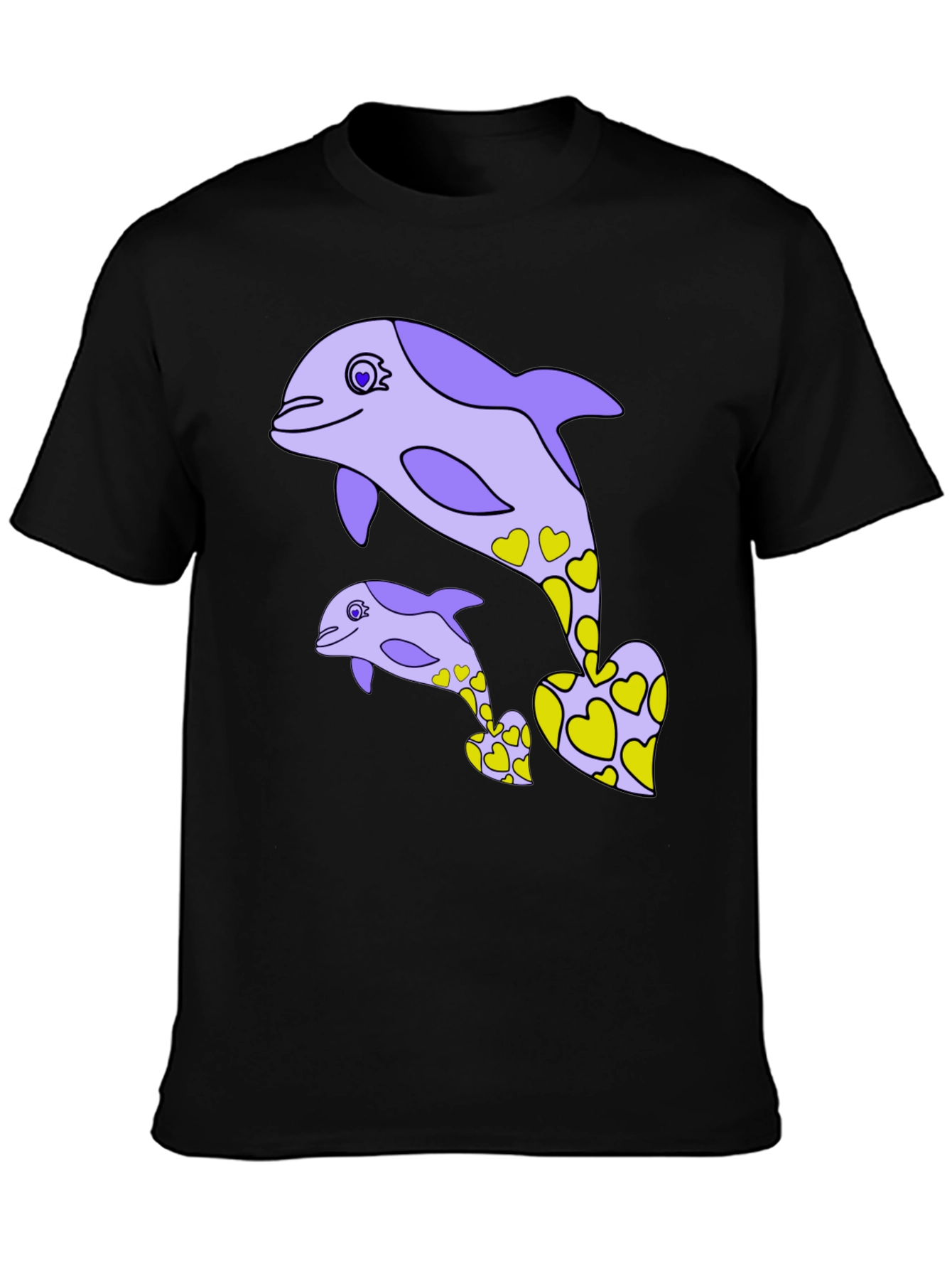 Dolphin Heart Graphic Tee - Black Cotton Casual T-Shirt
