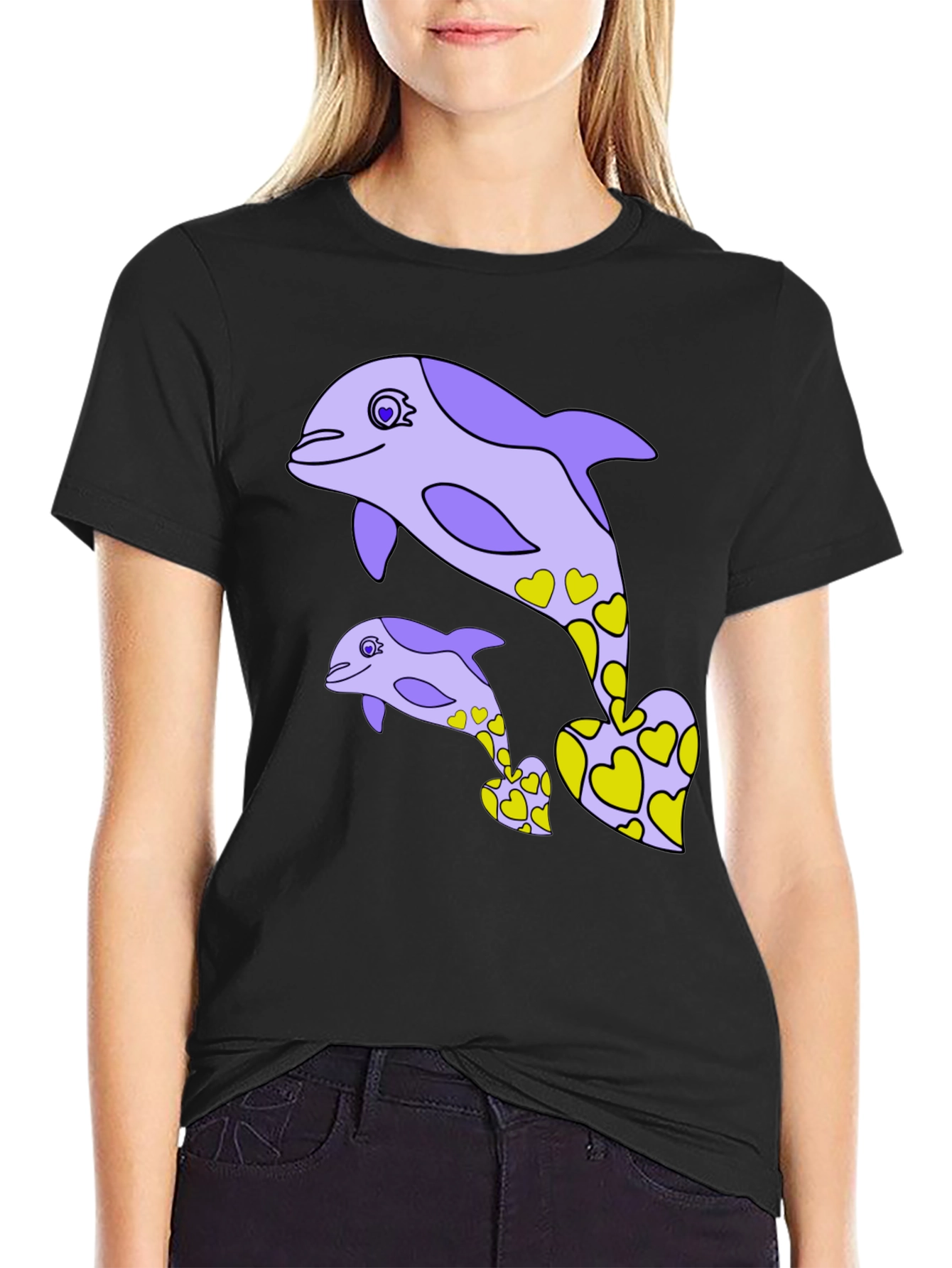Dolphin Heart Graphic Tee - Black Cotton Casual T-Shirt