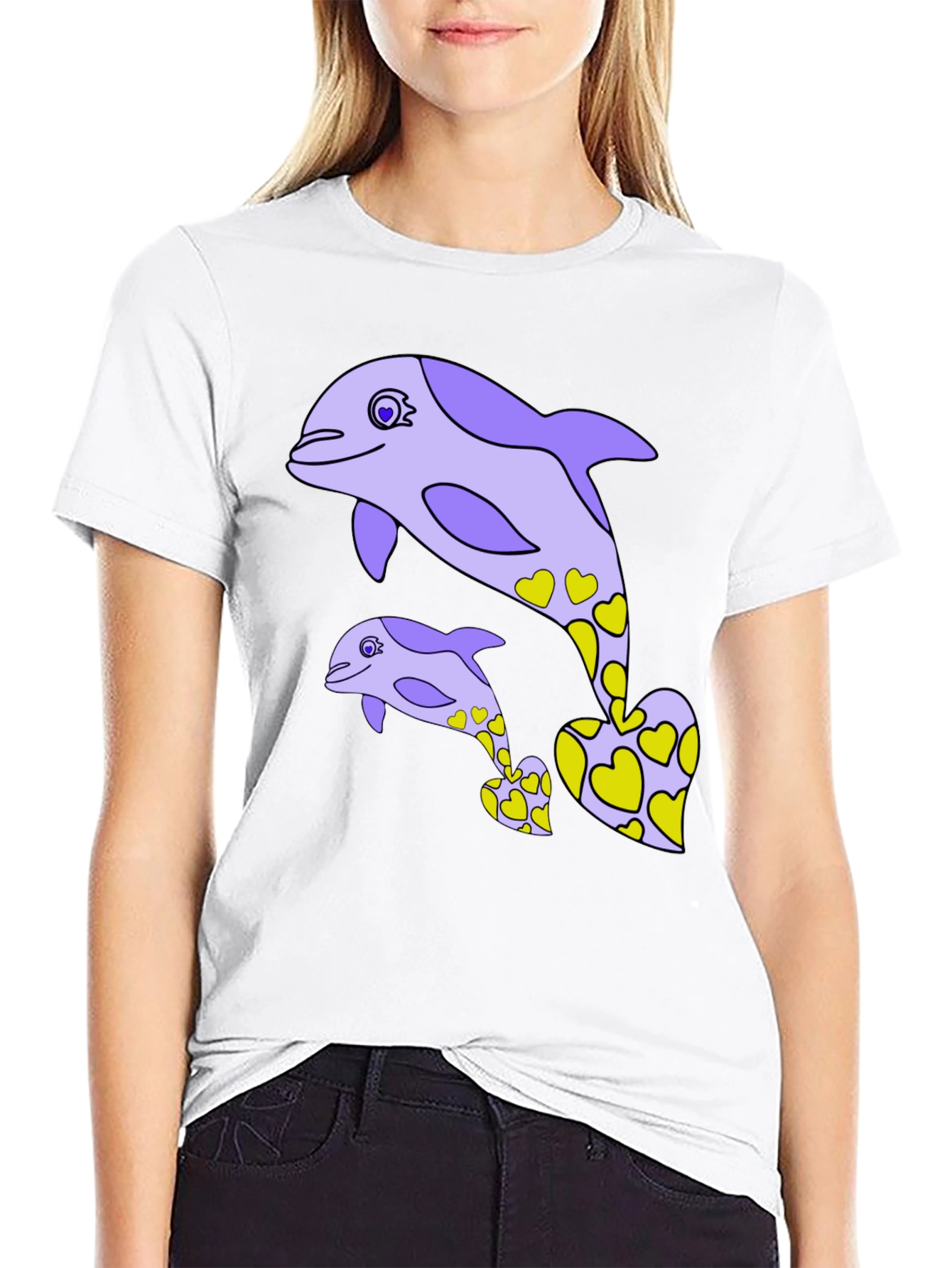 Dolphin Heart Graphic Tee - Black Cotton Casual T-Shirt