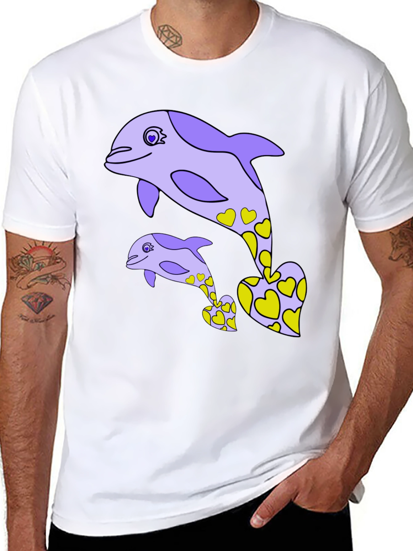 Dolphin Heart Graphic Tee - Black Cotton Casual T-Shirt
