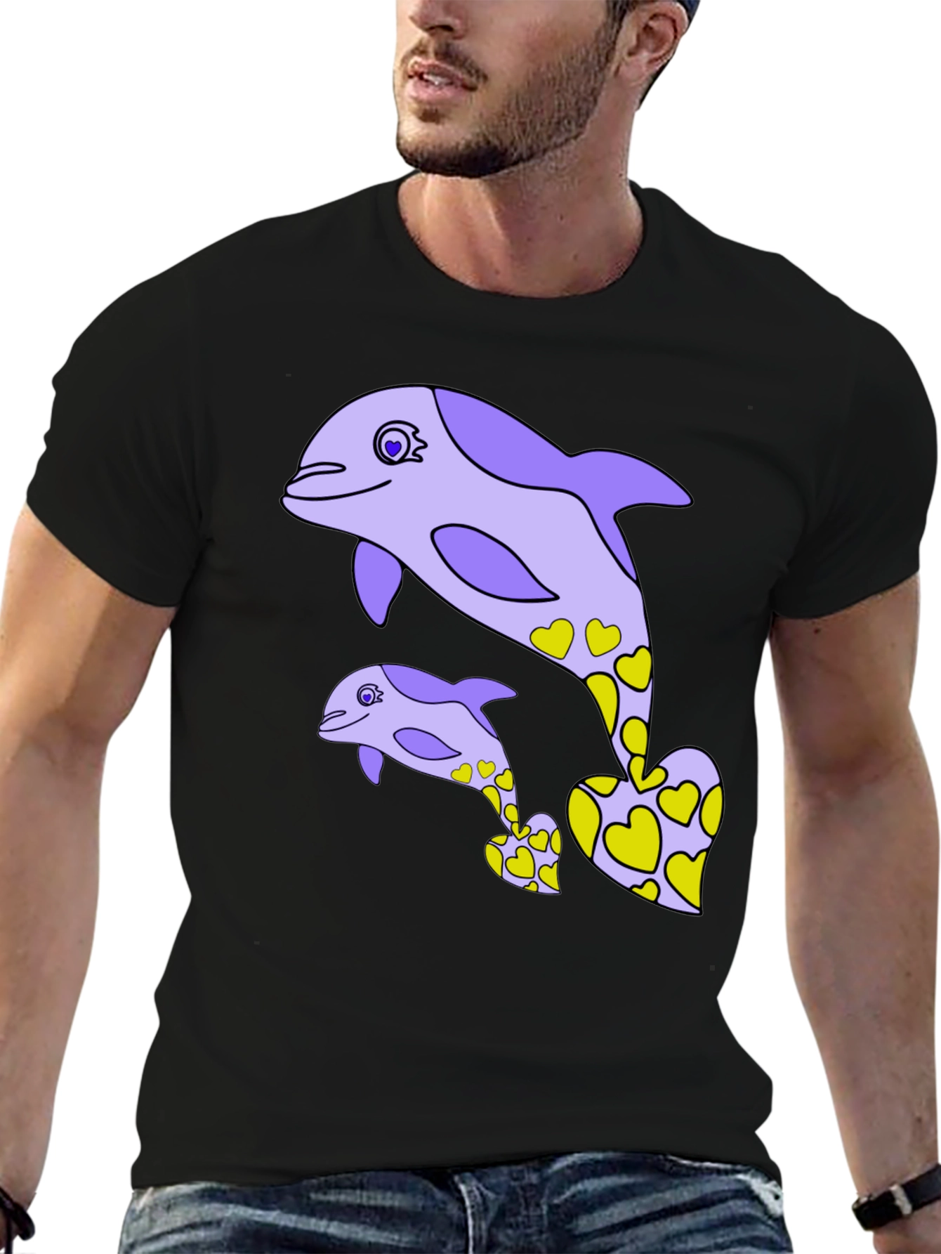 Dolphin Heart Graphic Tee - Black Cotton Casual T-Shirt