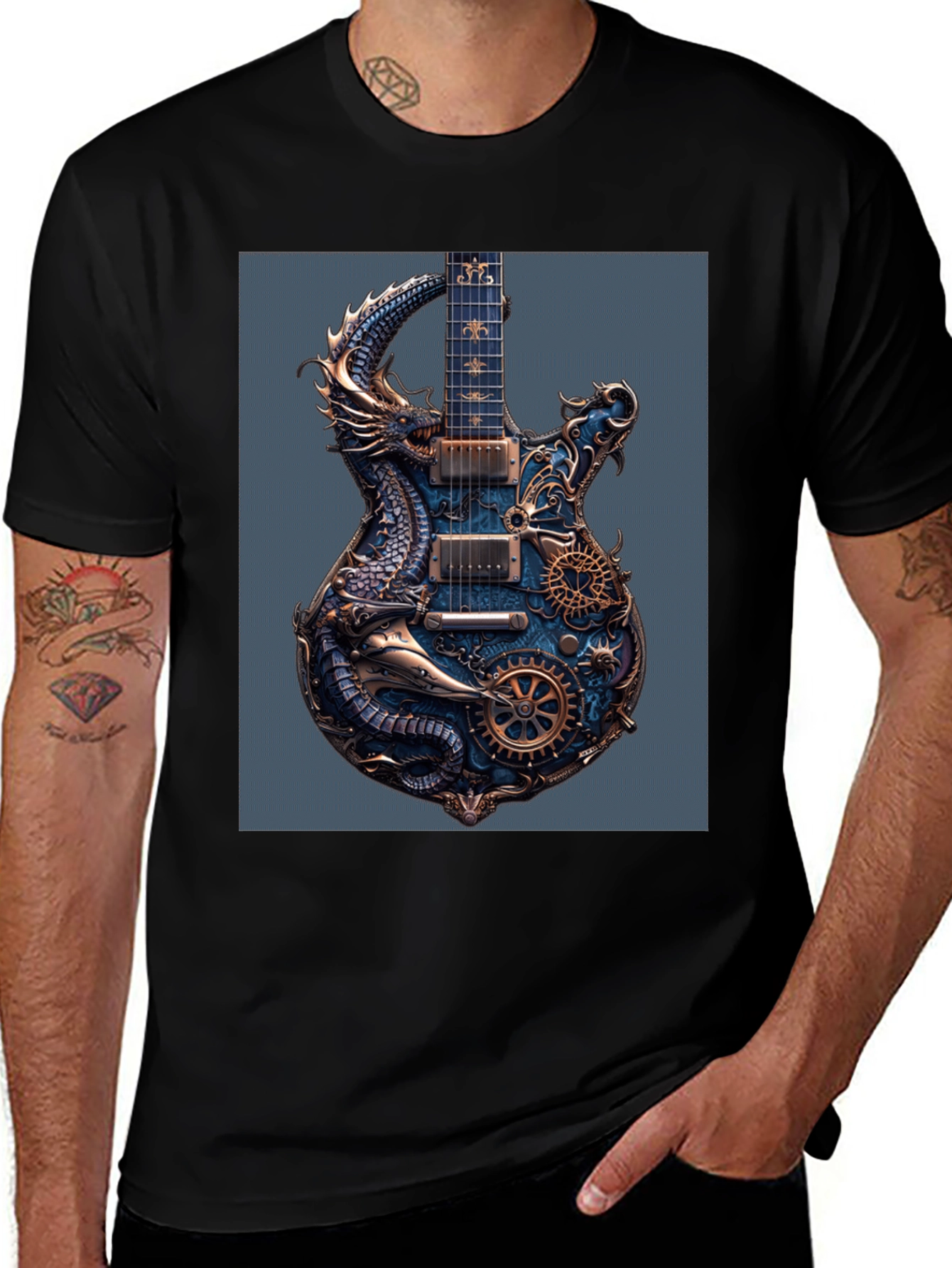 Steampunk Dragon Guitar Black T-Shirt