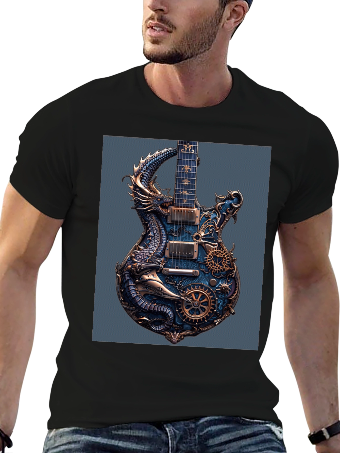 Steampunk Dragon Guitar Black T-Shirt