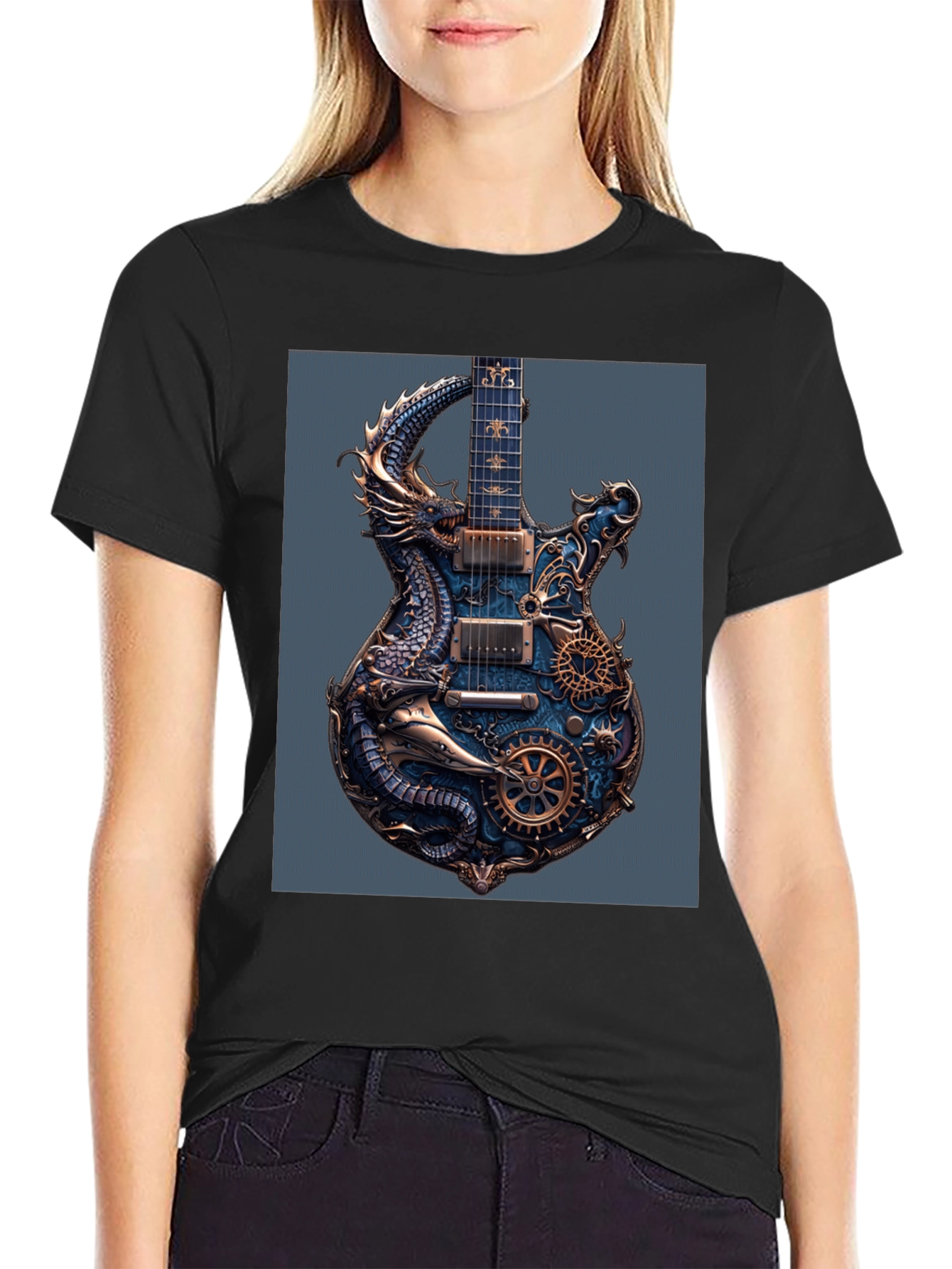 Steampunk Dragon Guitar Black T-Shirt