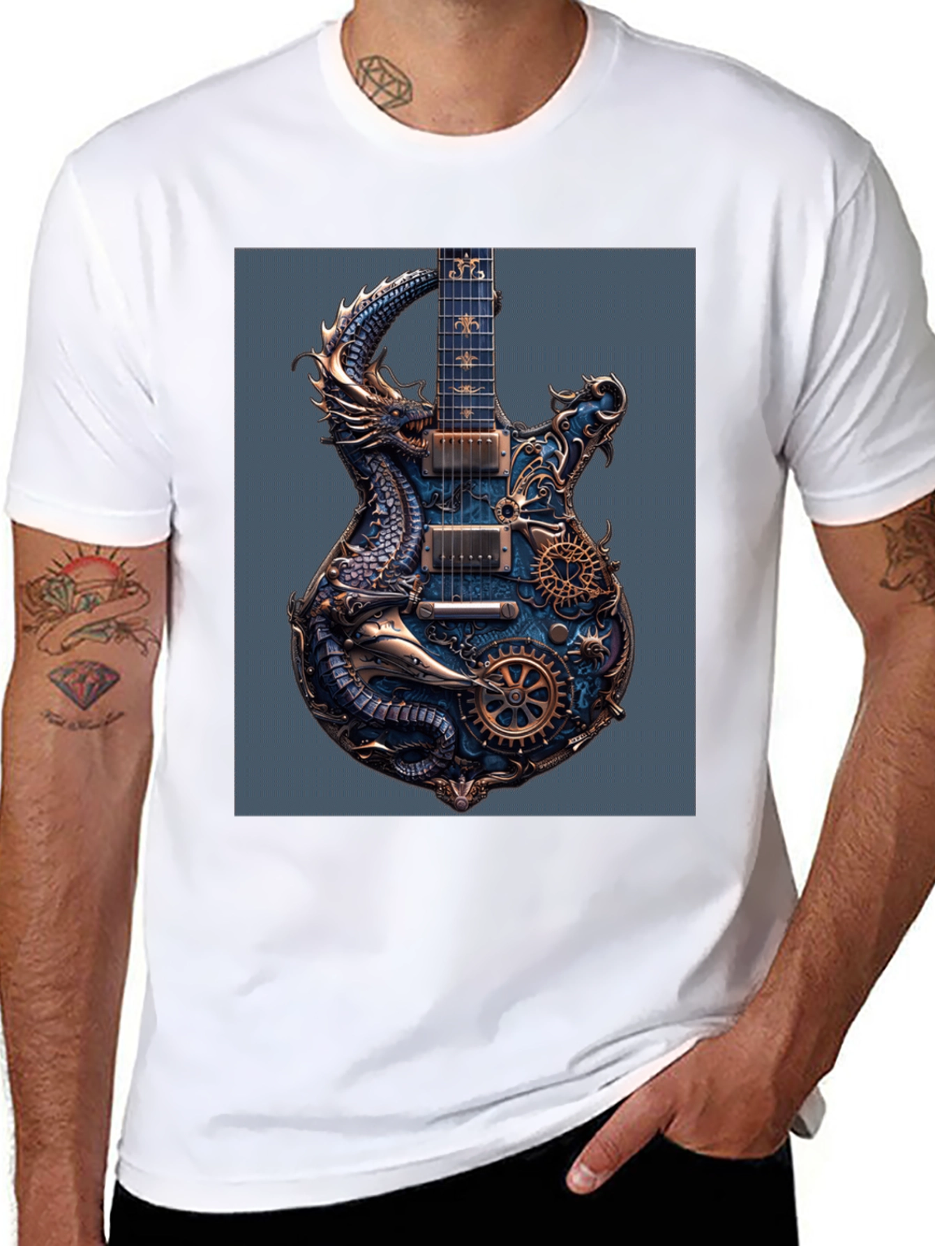 Steampunk Dragon Guitar Black T-Shirt