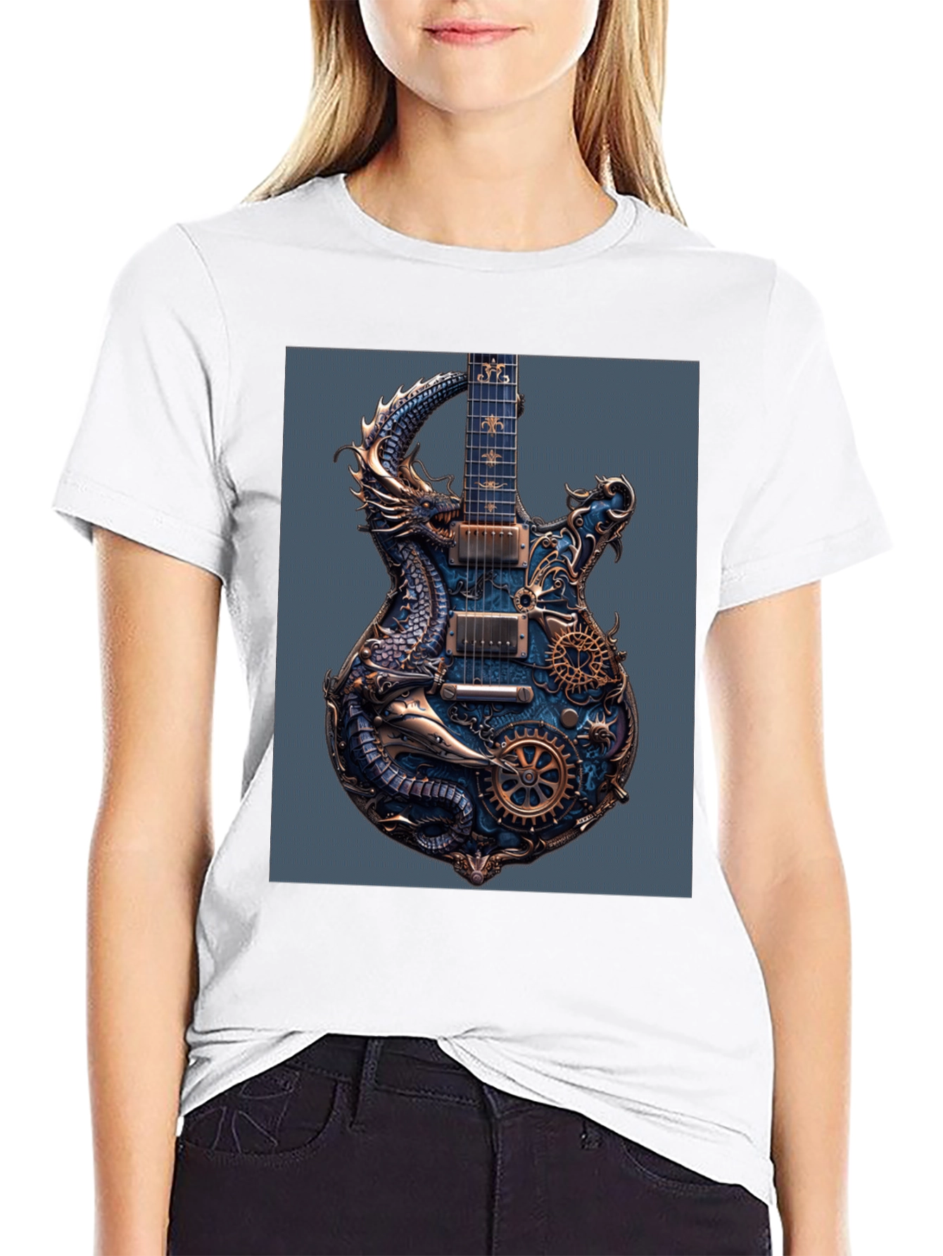 Steampunk Dragon Guitar Black T-Shirt
