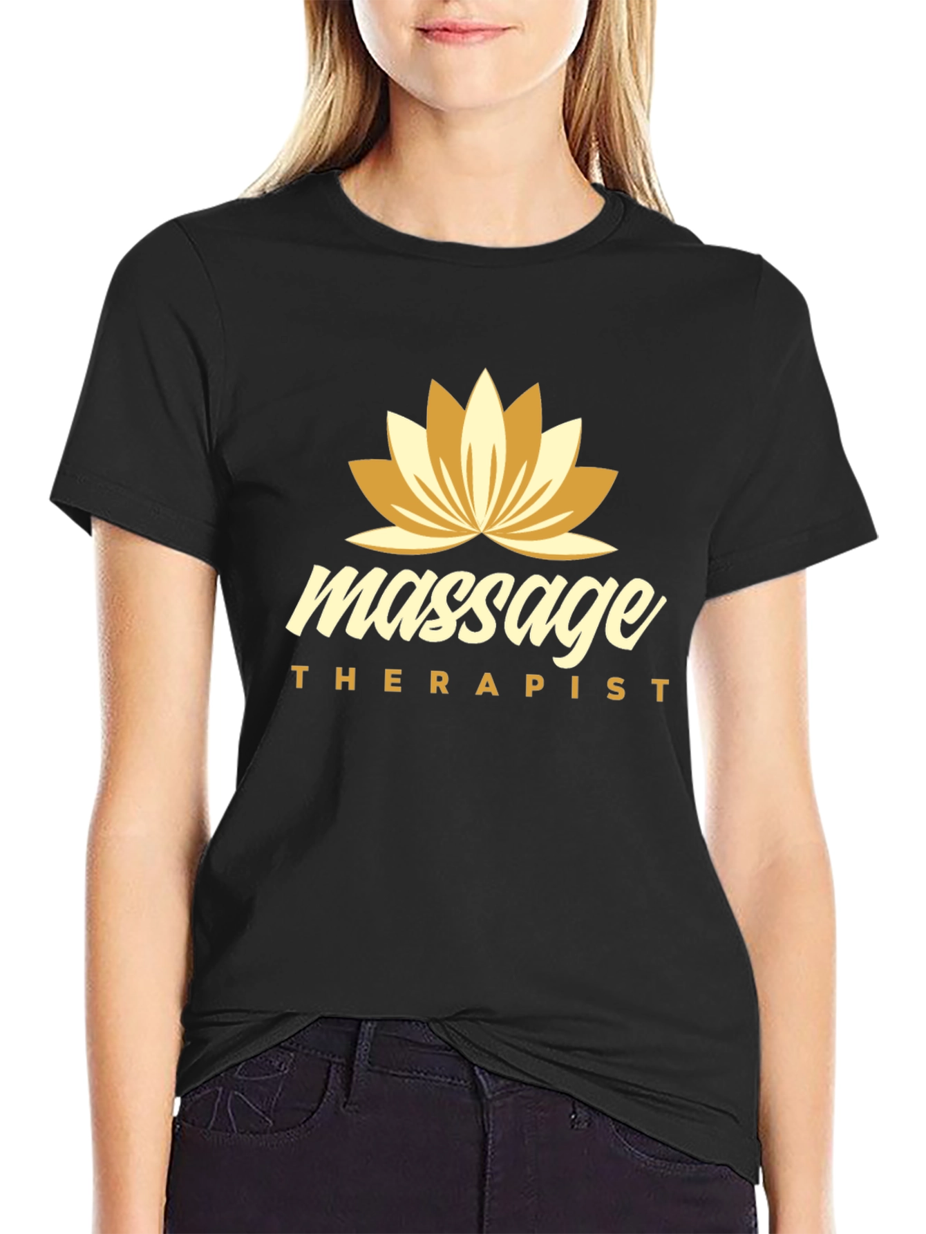 Massage Therapist Black T-Shirt with Lotus Flower Design