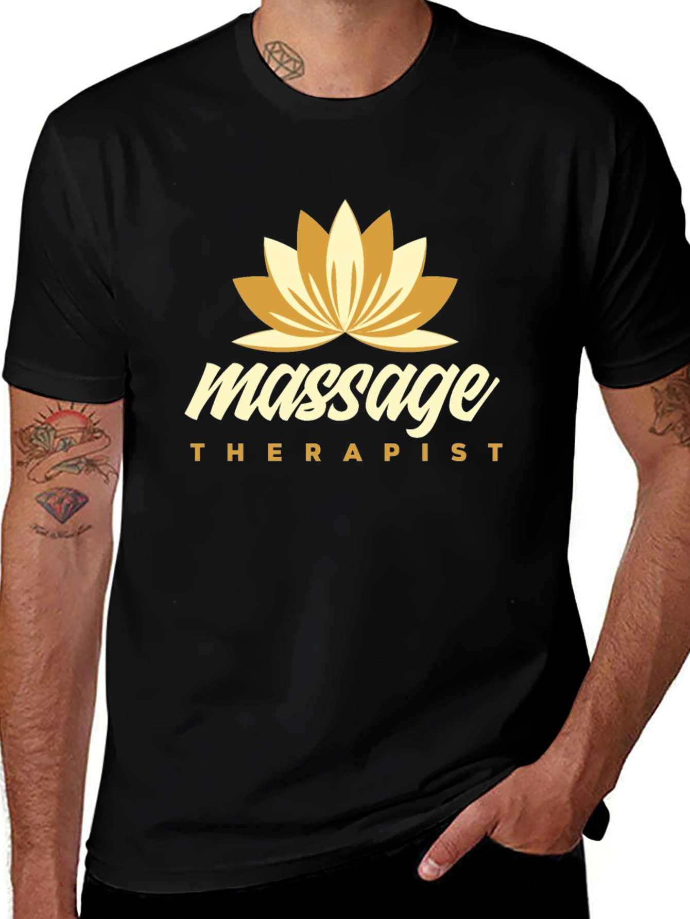 Massage Therapist Black T-Shirt with Lotus Flower Design