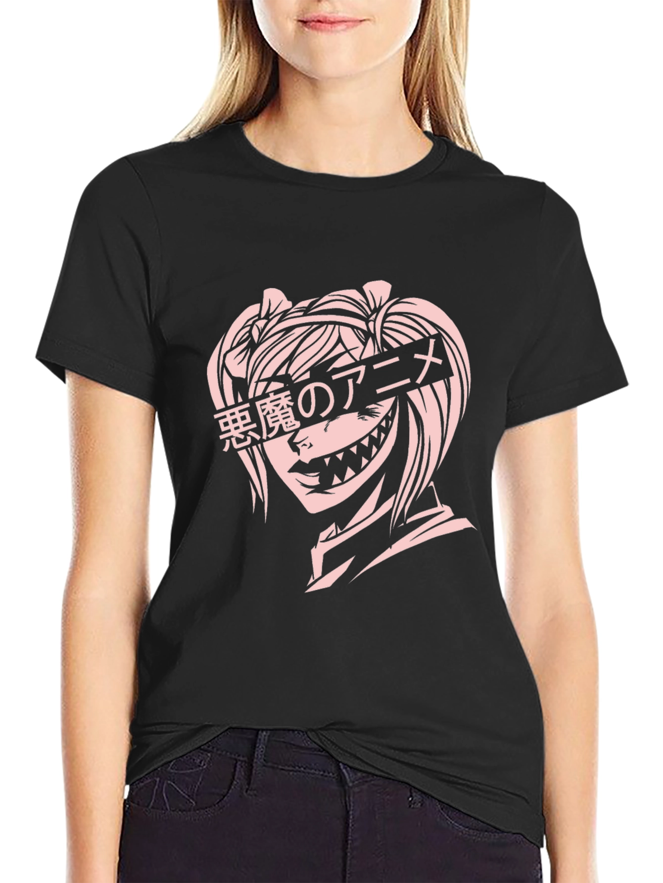 Anime Devil Girl Graphic T-Shirt - Black