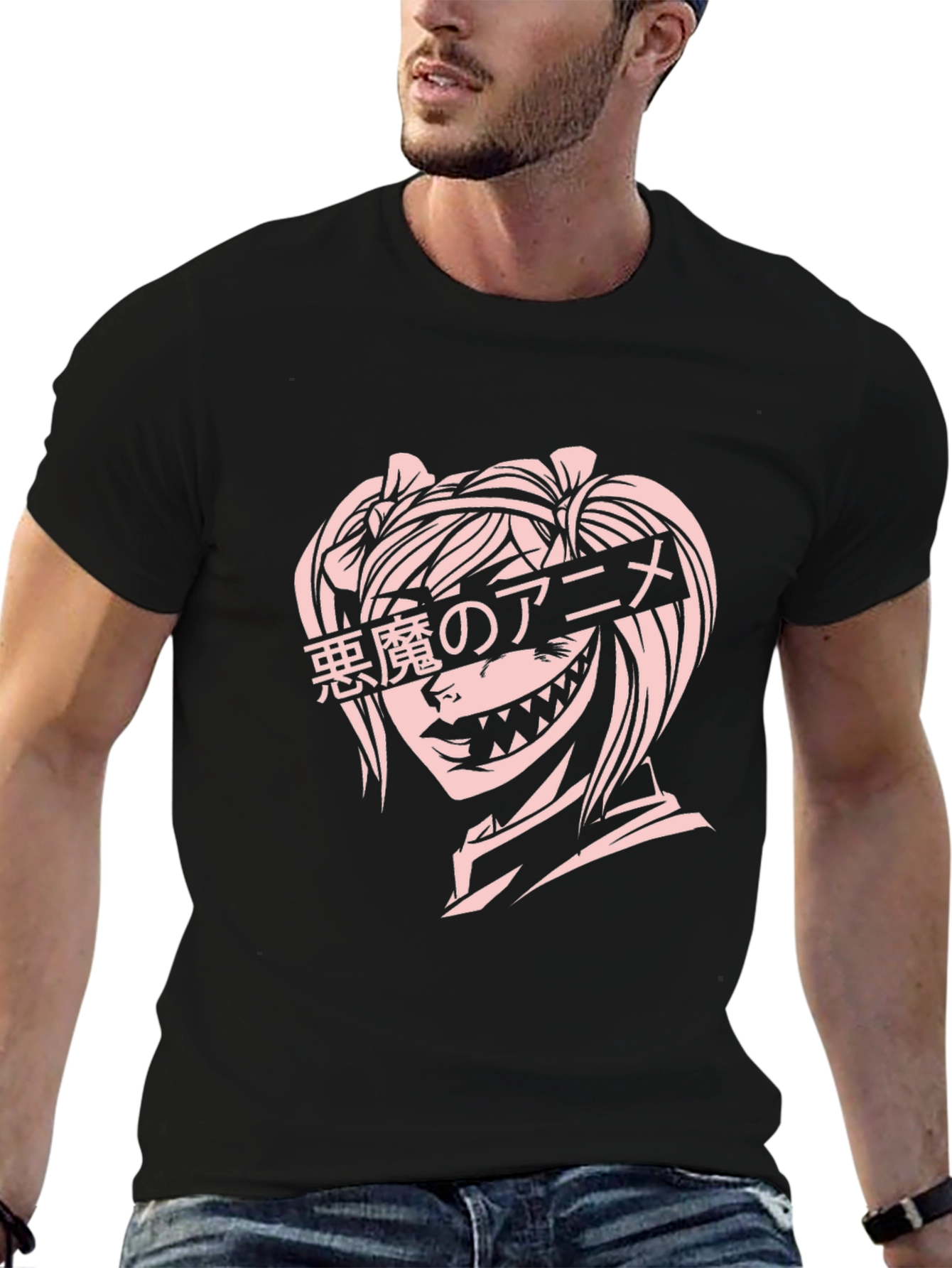 Anime Devil Girl Graphic T-Shirt - Black