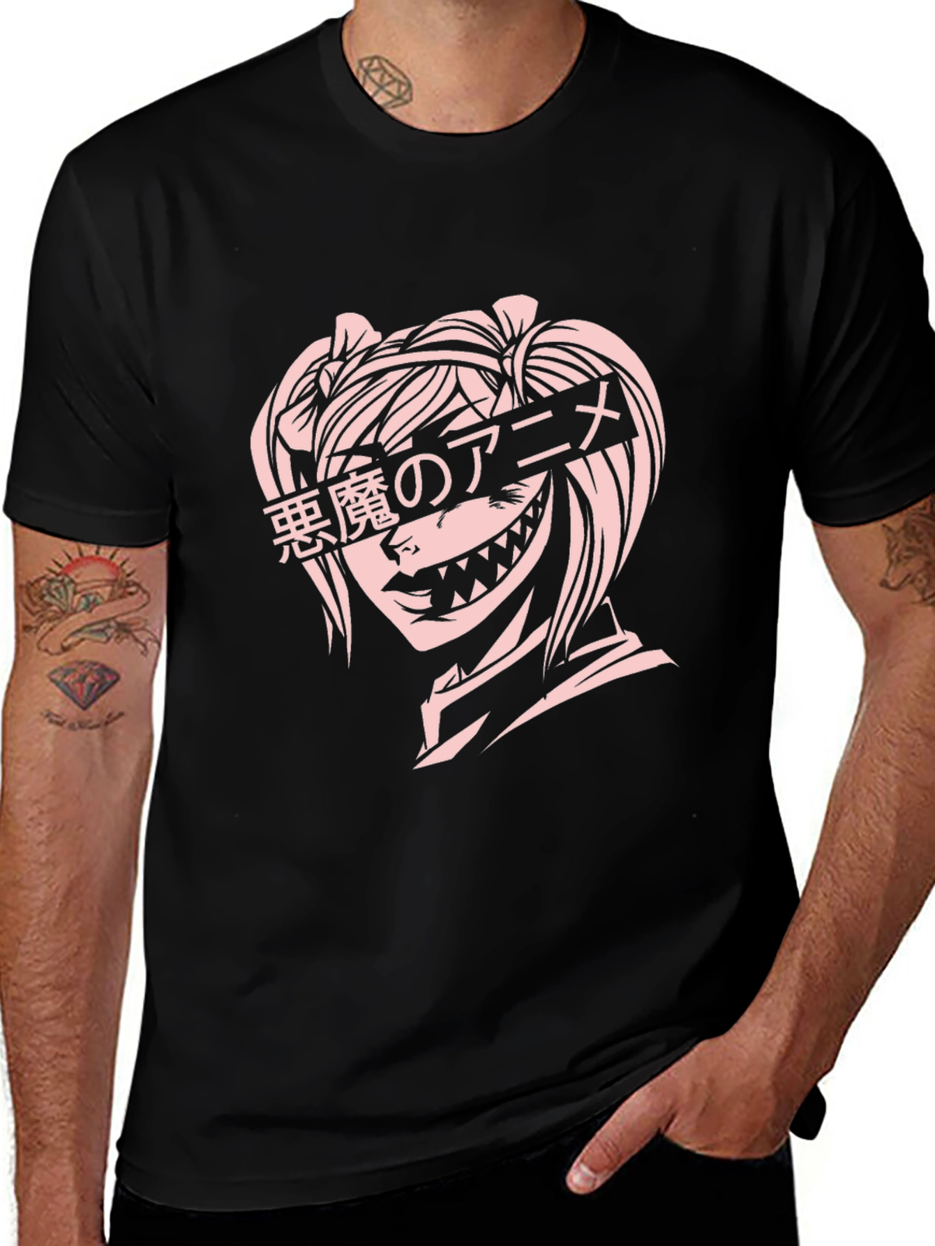 Anime Devil Girl Graphic T-Shirt - Black