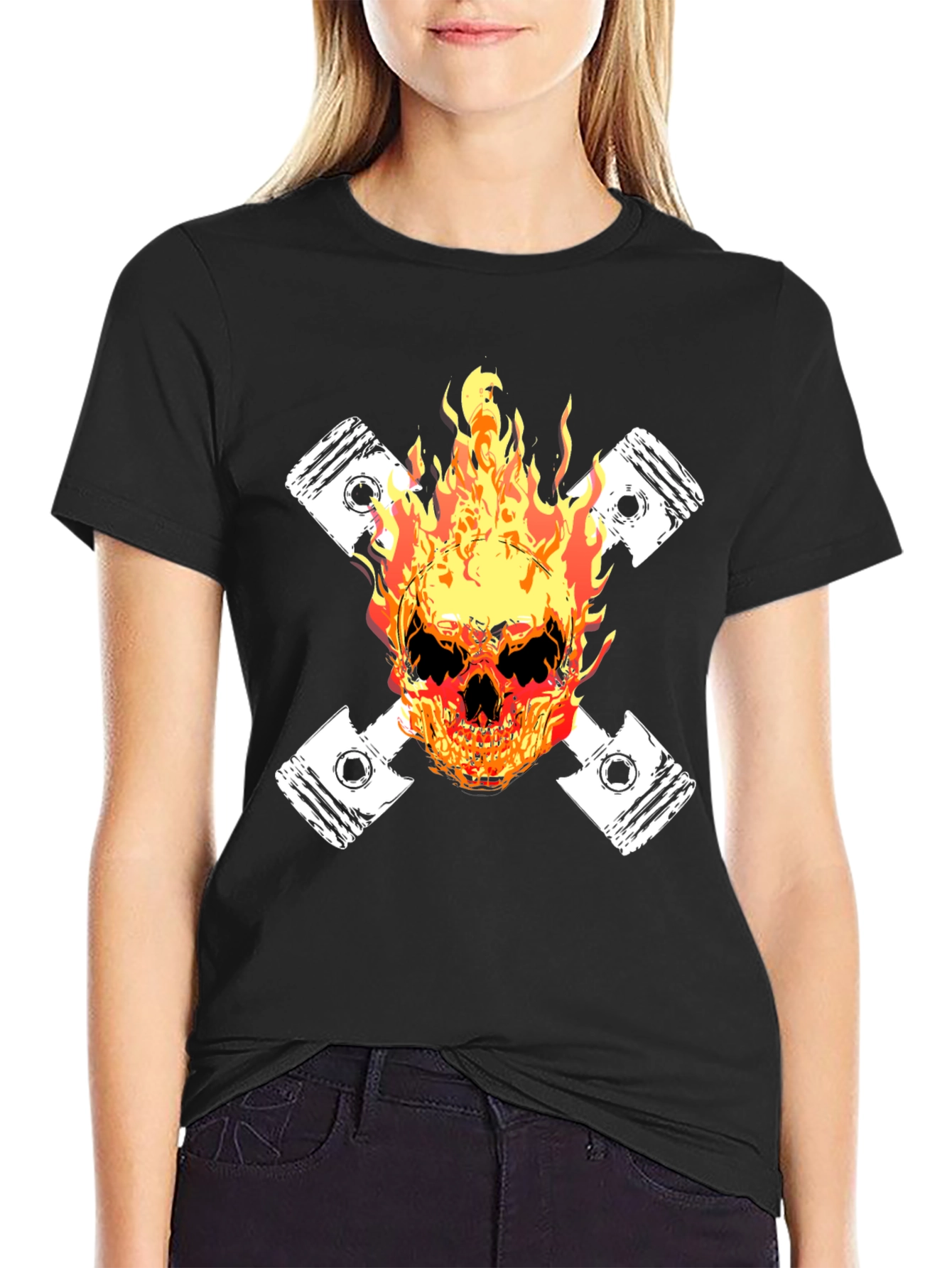 Fiery Skull Piston Graphic Tee - Black