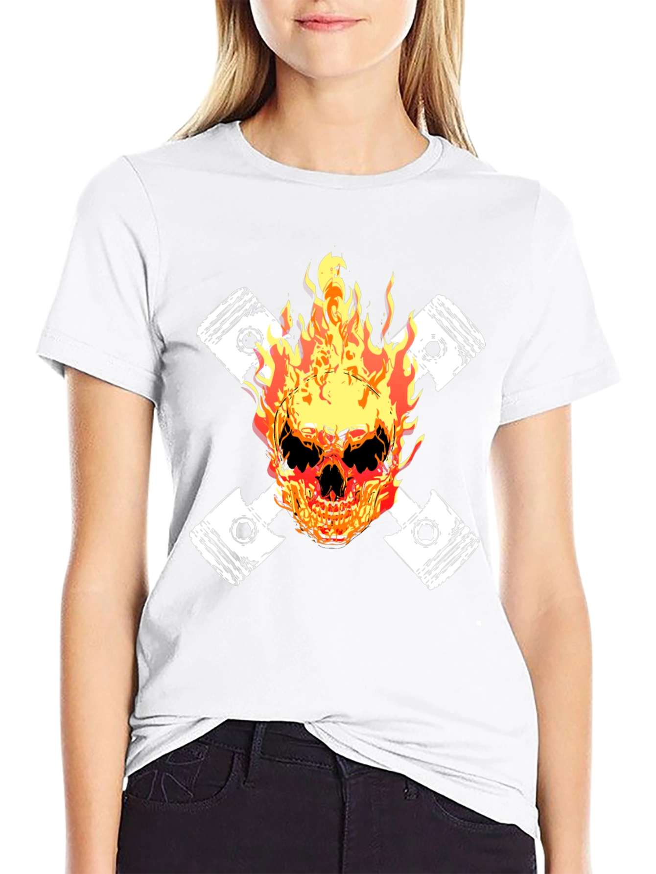 Fiery Skull Piston Graphic Tee - Black