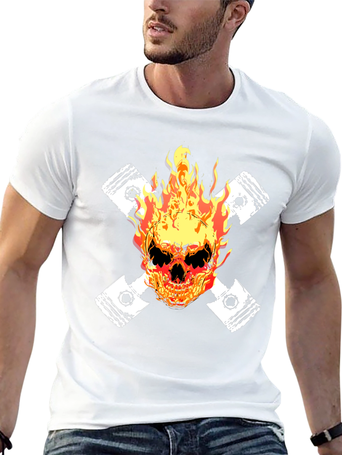 Fiery Skull Piston Graphic Tee - Black