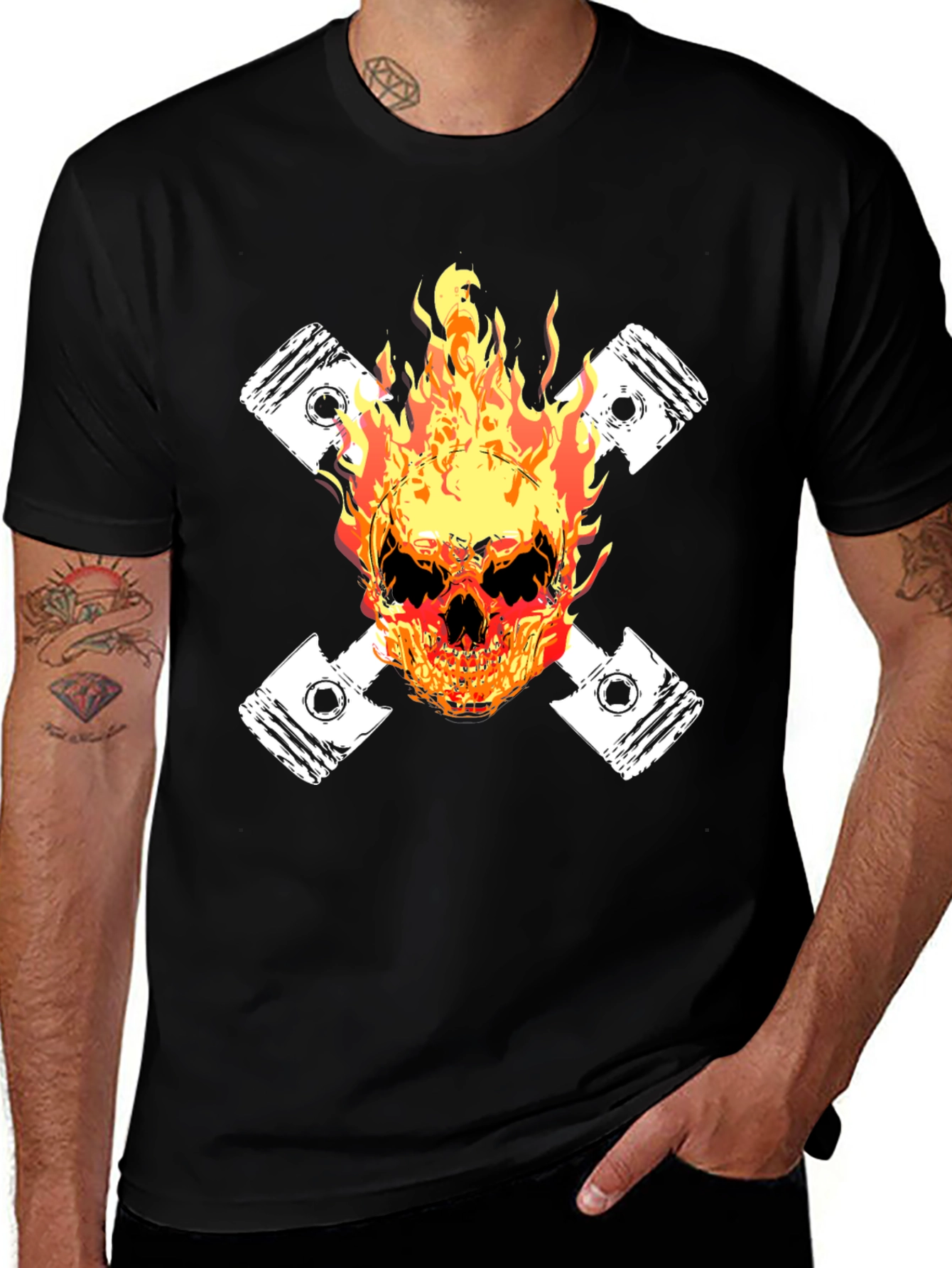 Fiery Skull Piston Graphic Tee - Black