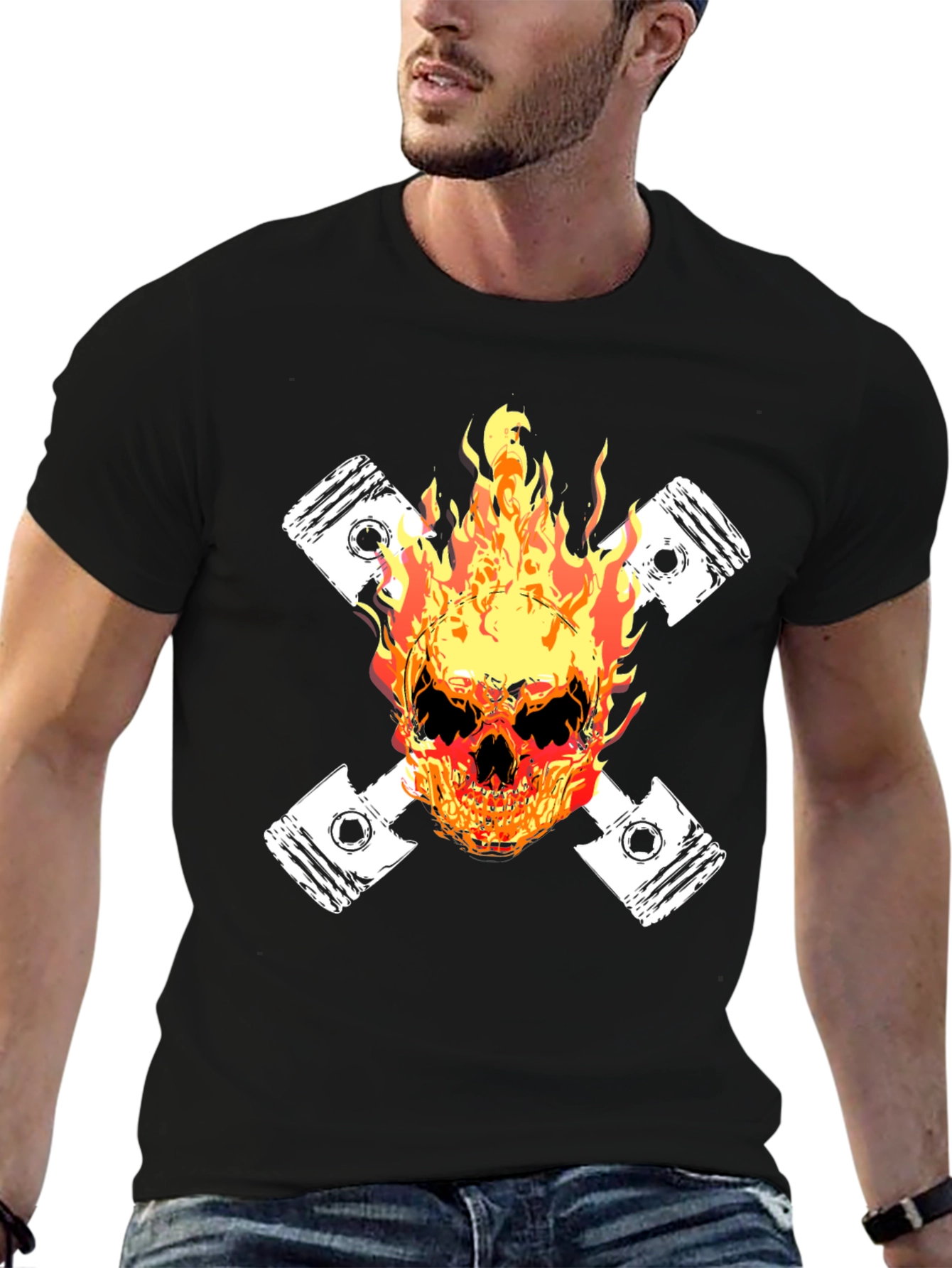 Fiery Skull Piston Graphic Tee - Black