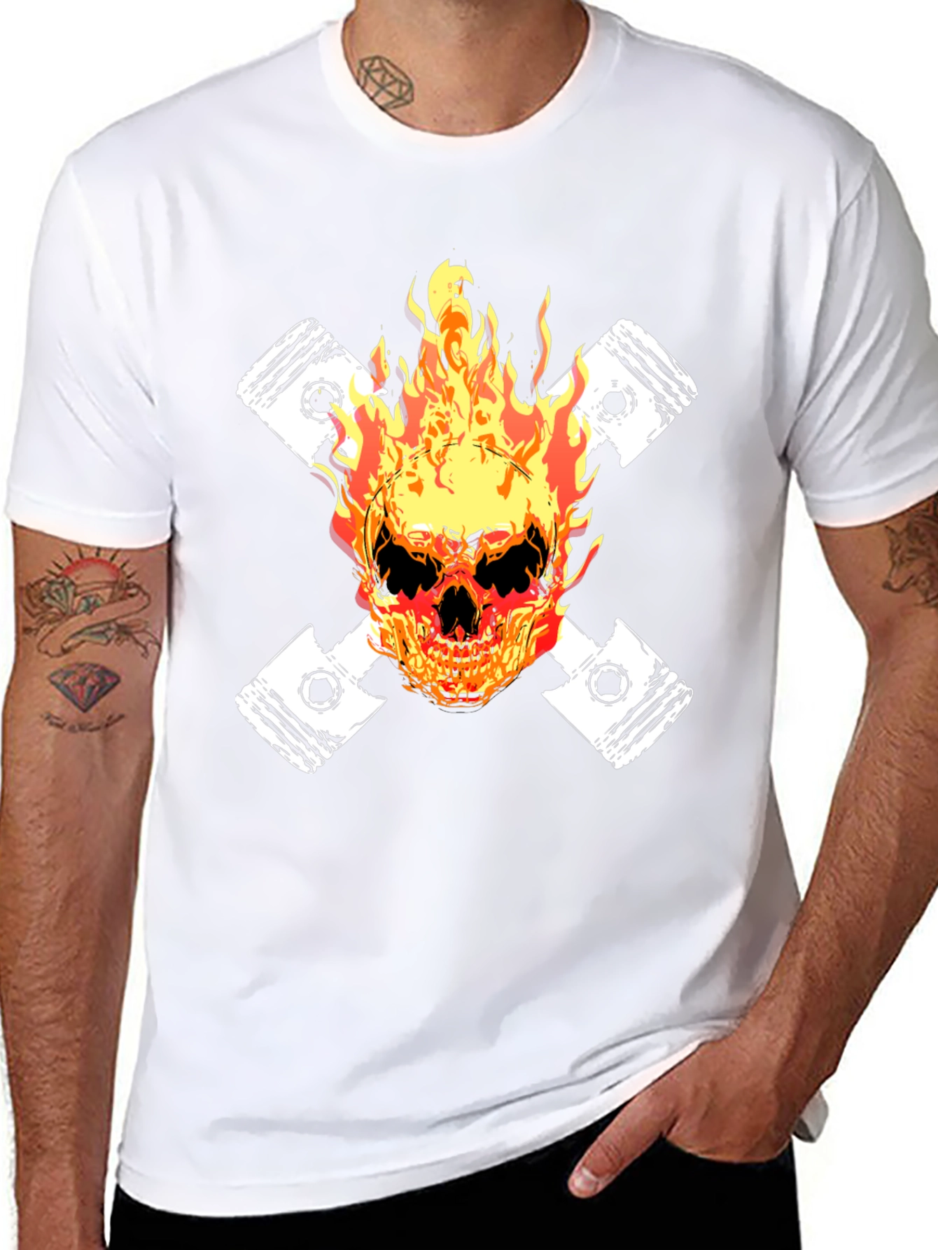 Fiery Skull Piston Graphic Tee - Black