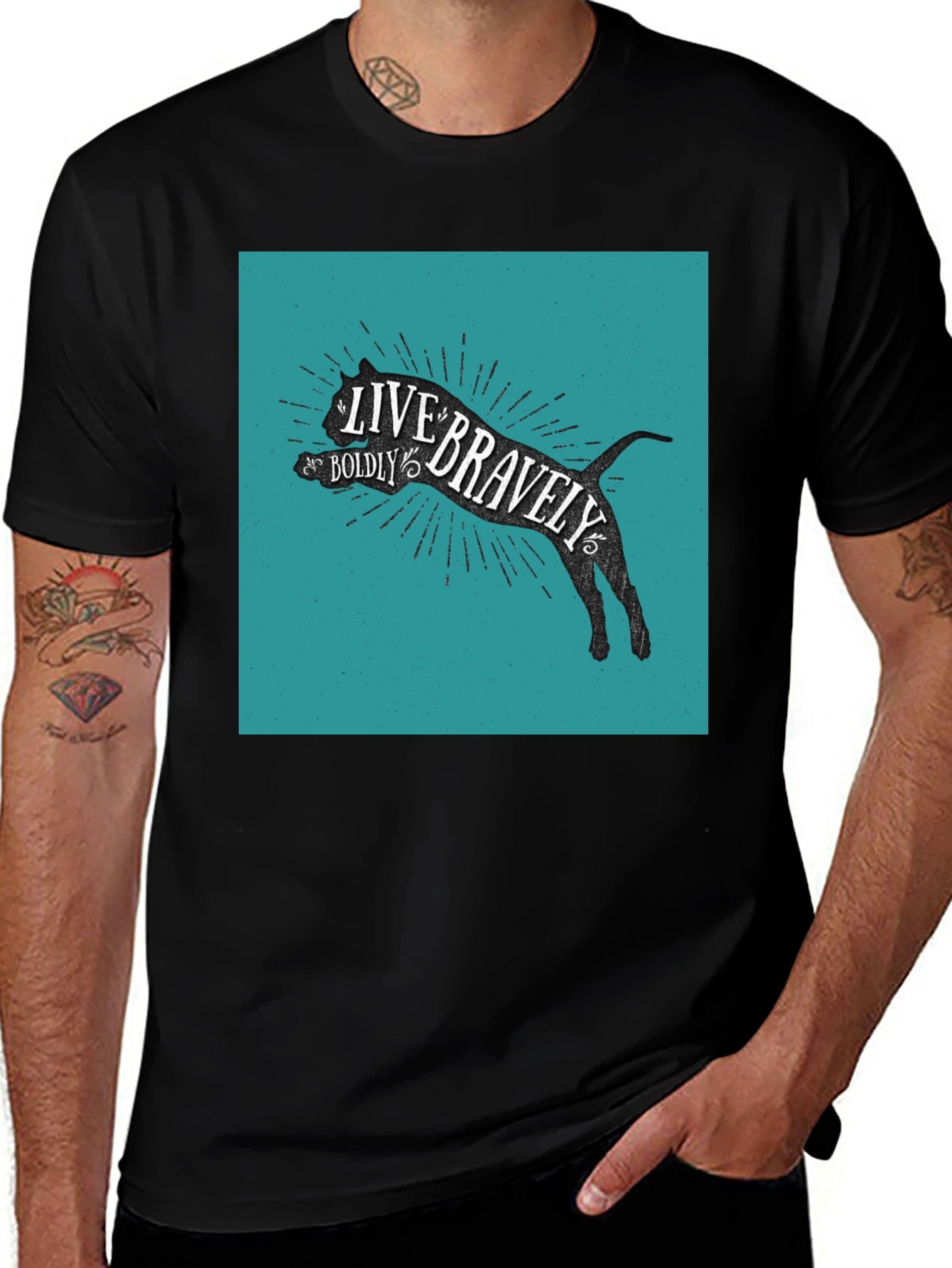 Live Bravely Cat Graphic Tee - Black Cotton Blend