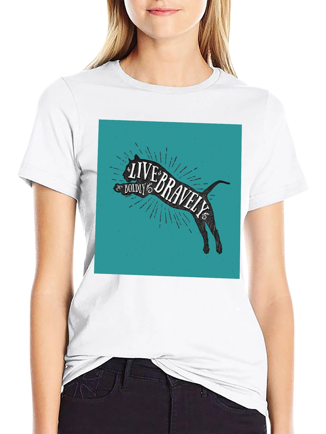 Live Bravely Cat Graphic Tee - Black Cotton Blend