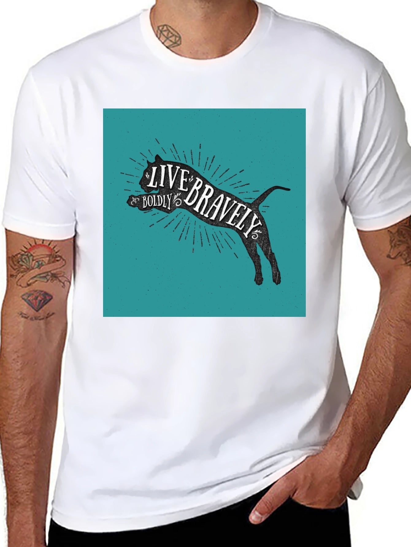 Live Bravely Cat Graphic Tee - Black Cotton Blend