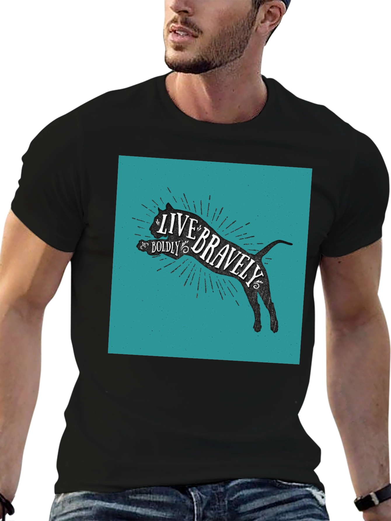 Live Bravely Cat Graphic Tee - Black Cotton Blend