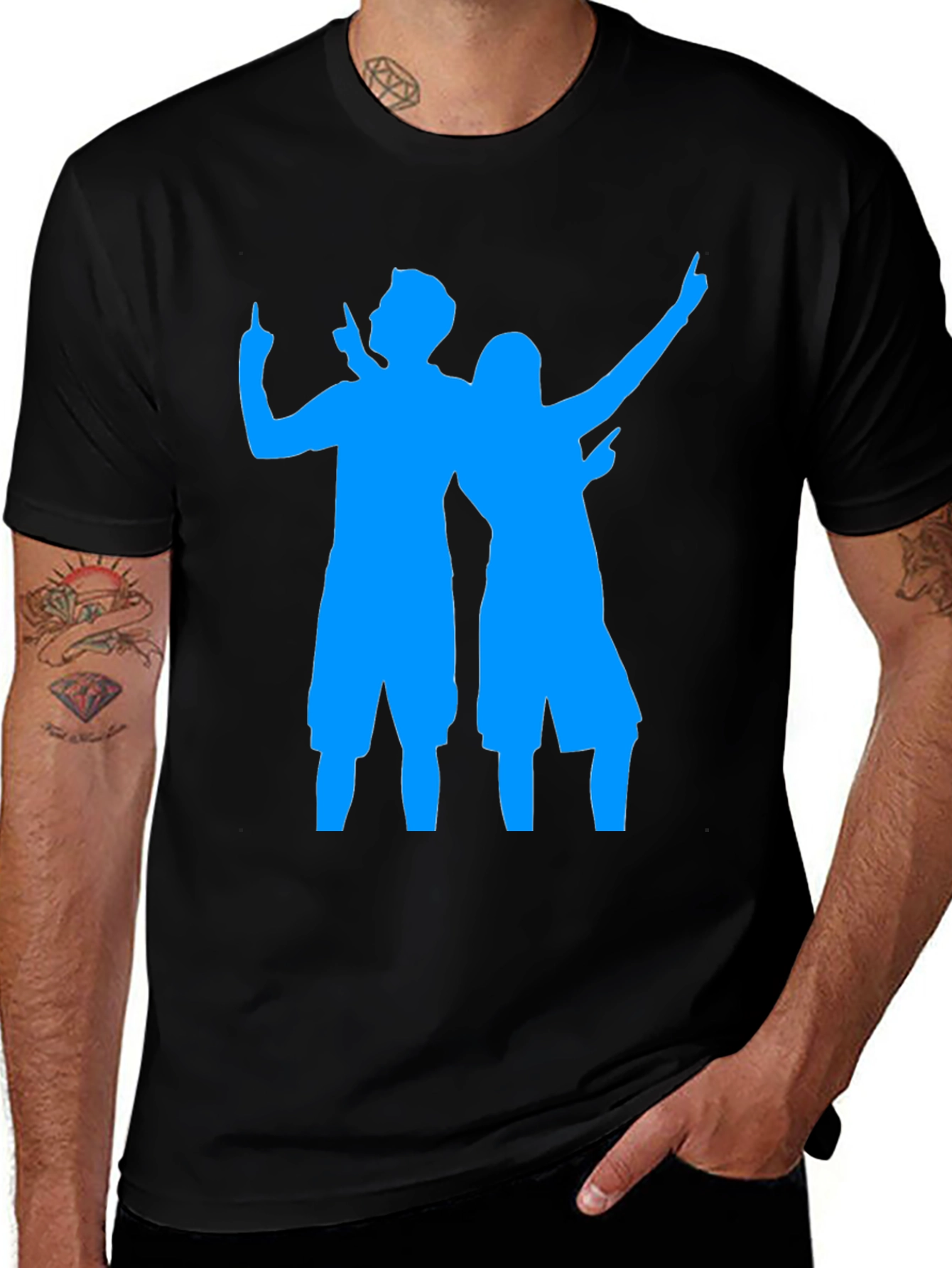 Fun Black Tee with Blue Silhouette Design