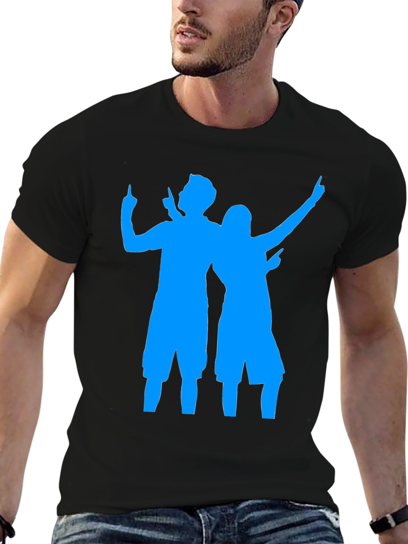 Fun Black Tee with Blue Silhouette Design
