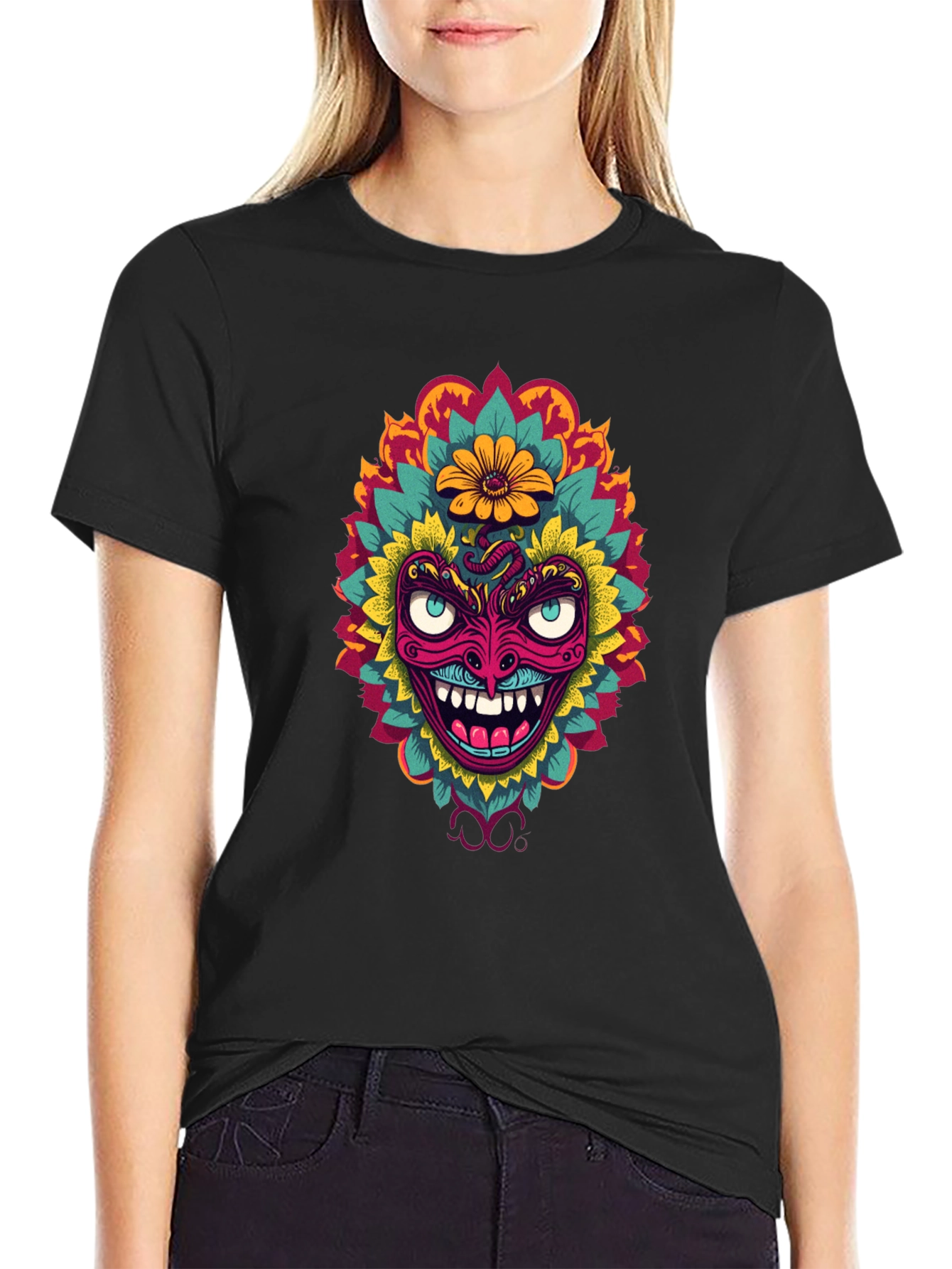 Psychedelic Mask Graphic Tee - Bold Black T-Shirt