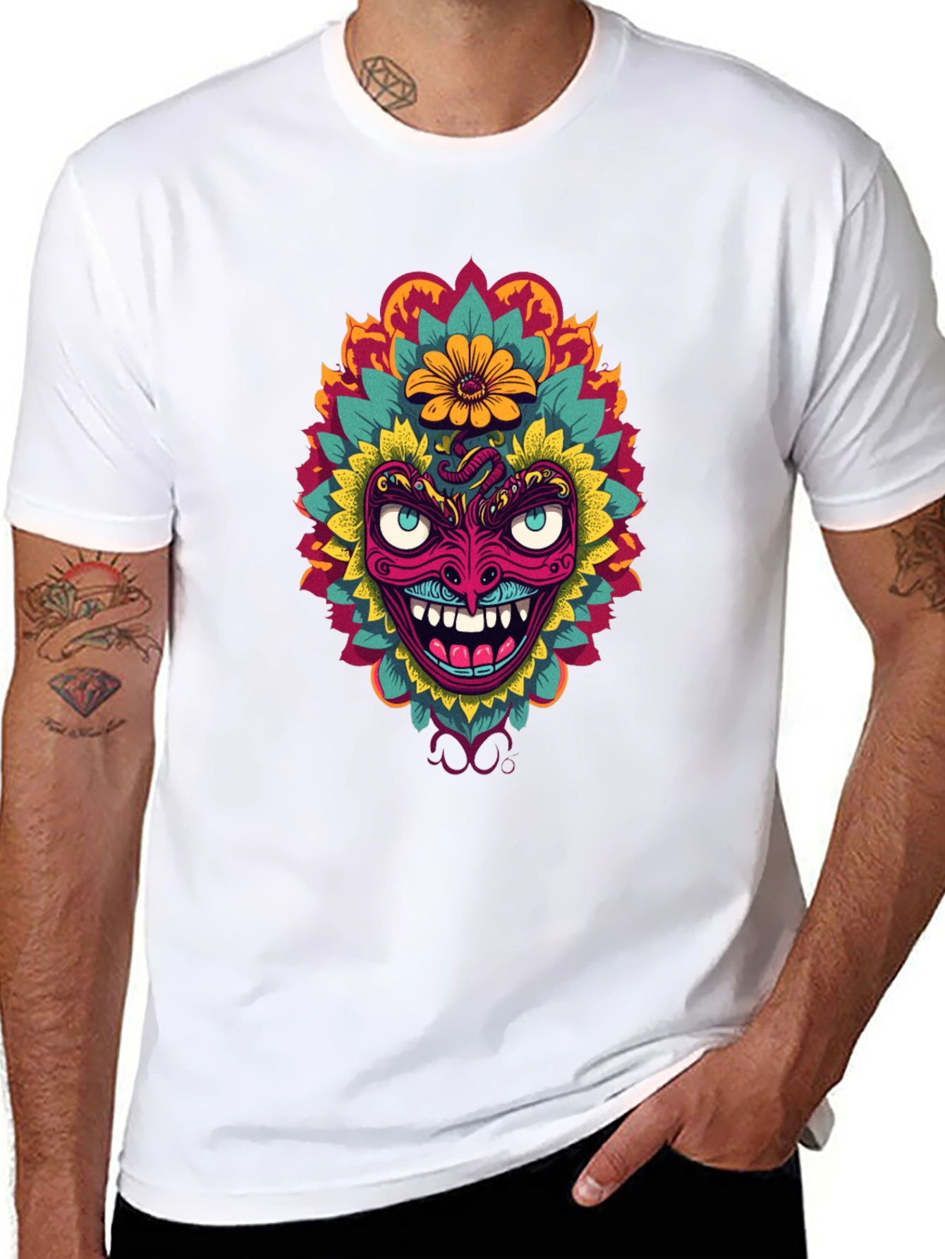 Psychedelic Mask Graphic Tee - Bold Black T-Shirt