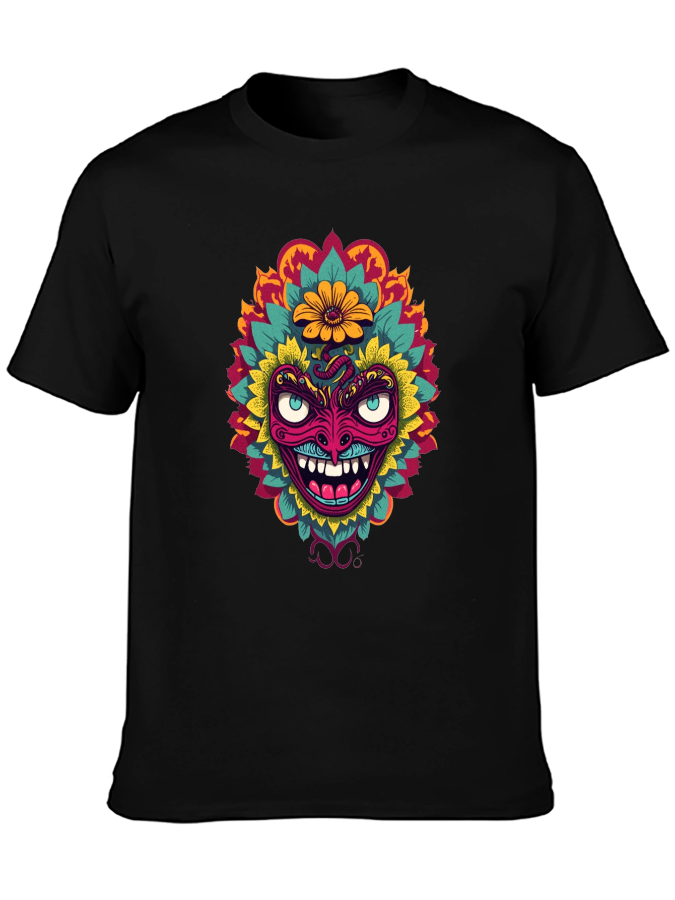 Psychedelic Mask Graphic Tee - Bold Black T-Shirt