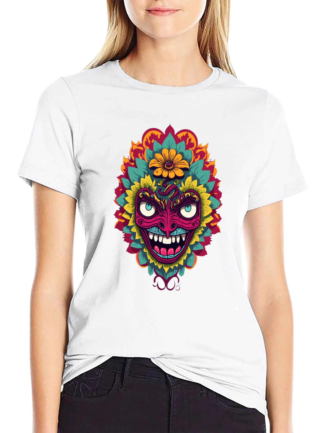 Psychedelic Mask Graphic Tee - Bold Black T-Shirt
