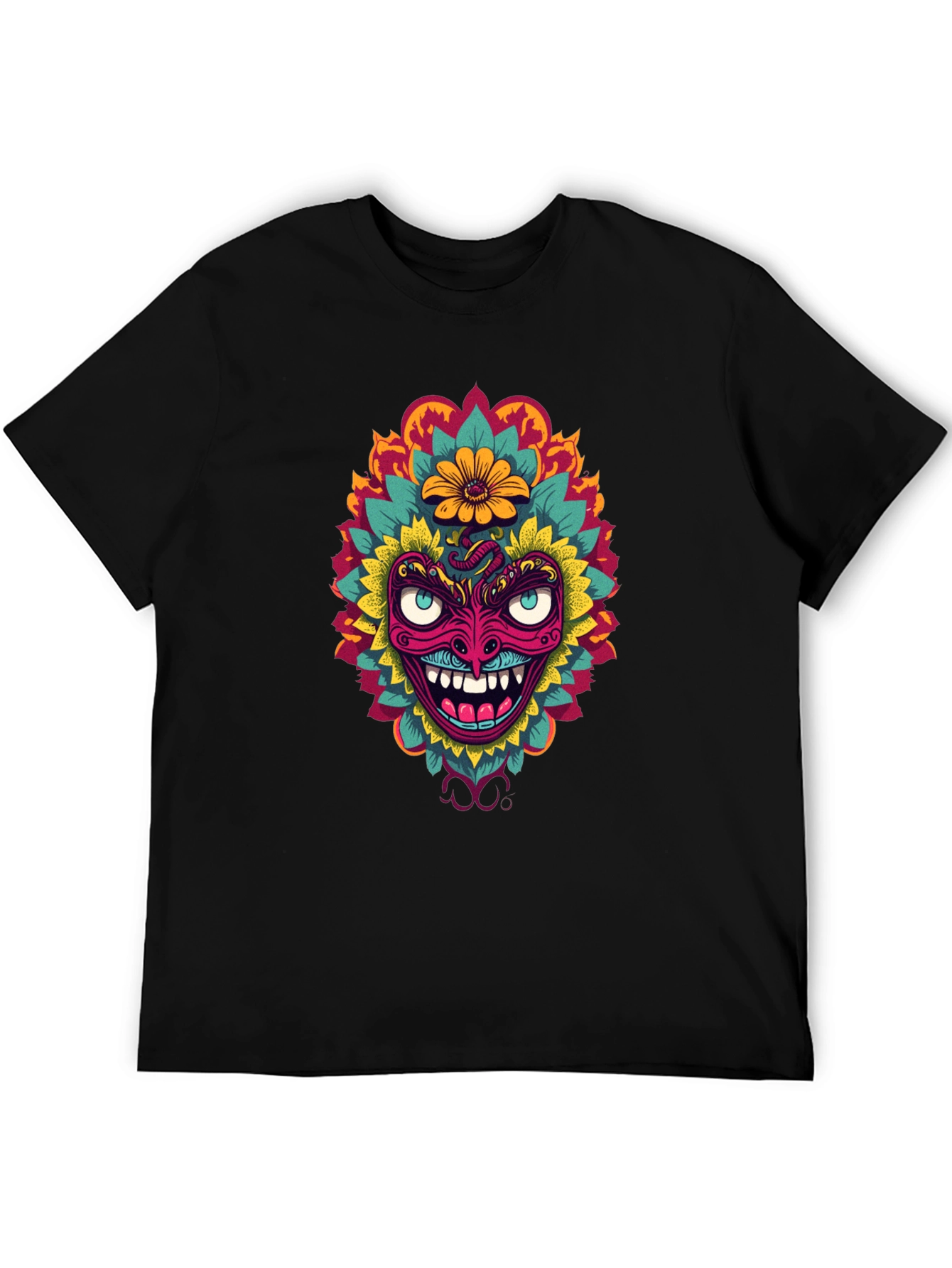 Psychedelic Mask Graphic Tee - Bold Black T-Shirt