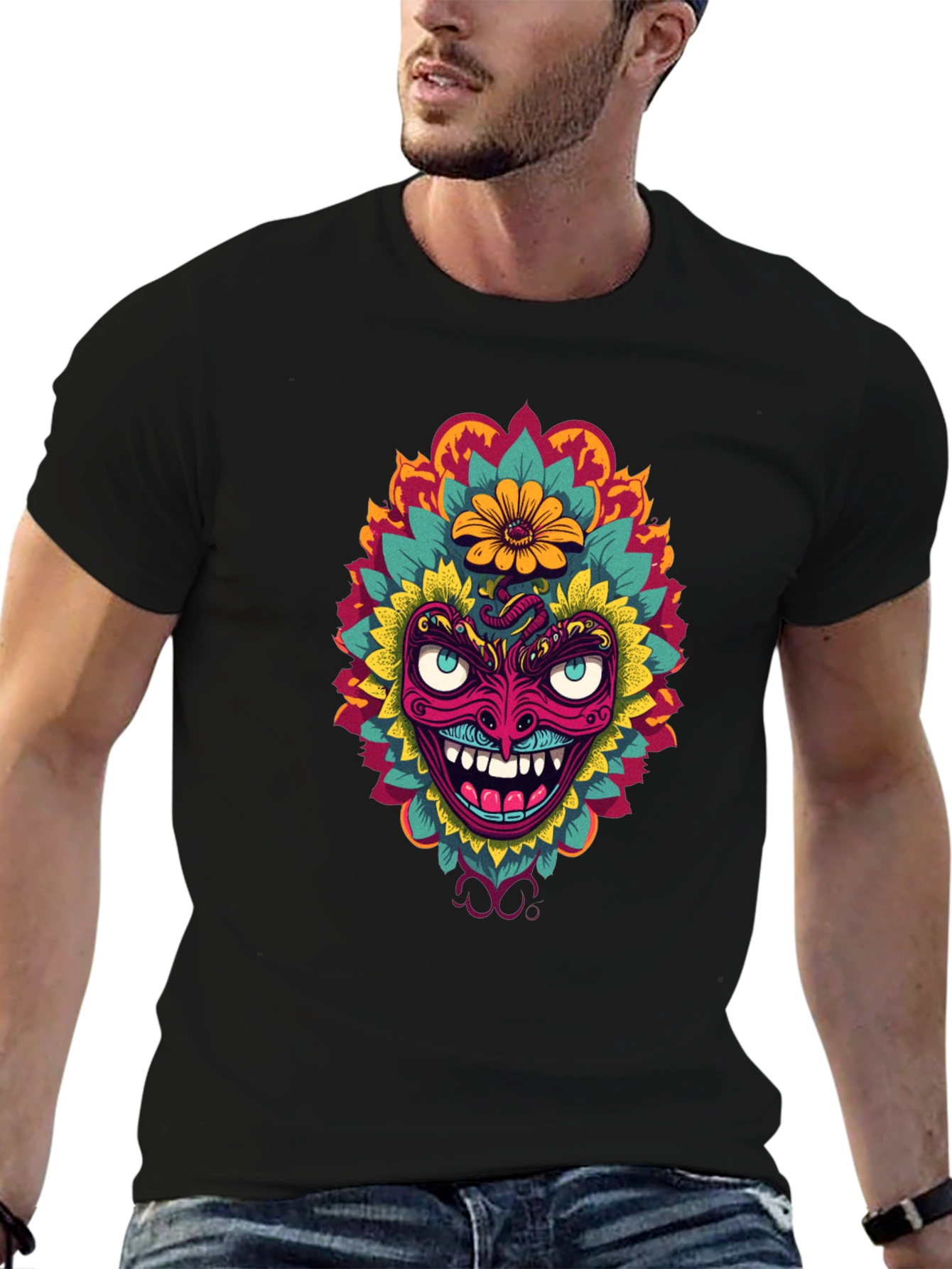 Psychedelic Mask Graphic Tee - Bold Black T-Shirt