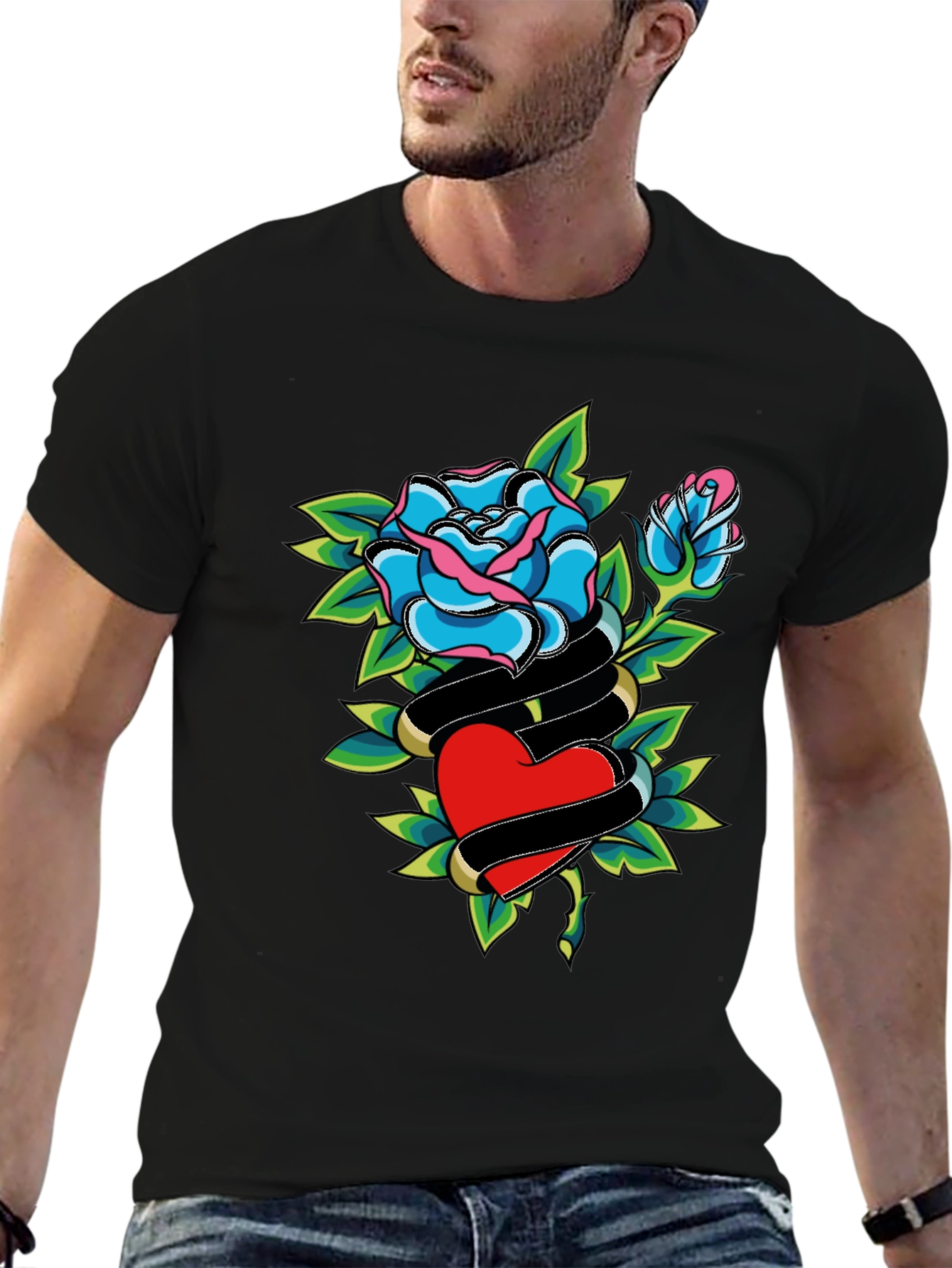 Rose & Heart Graphic Black T-Shirt