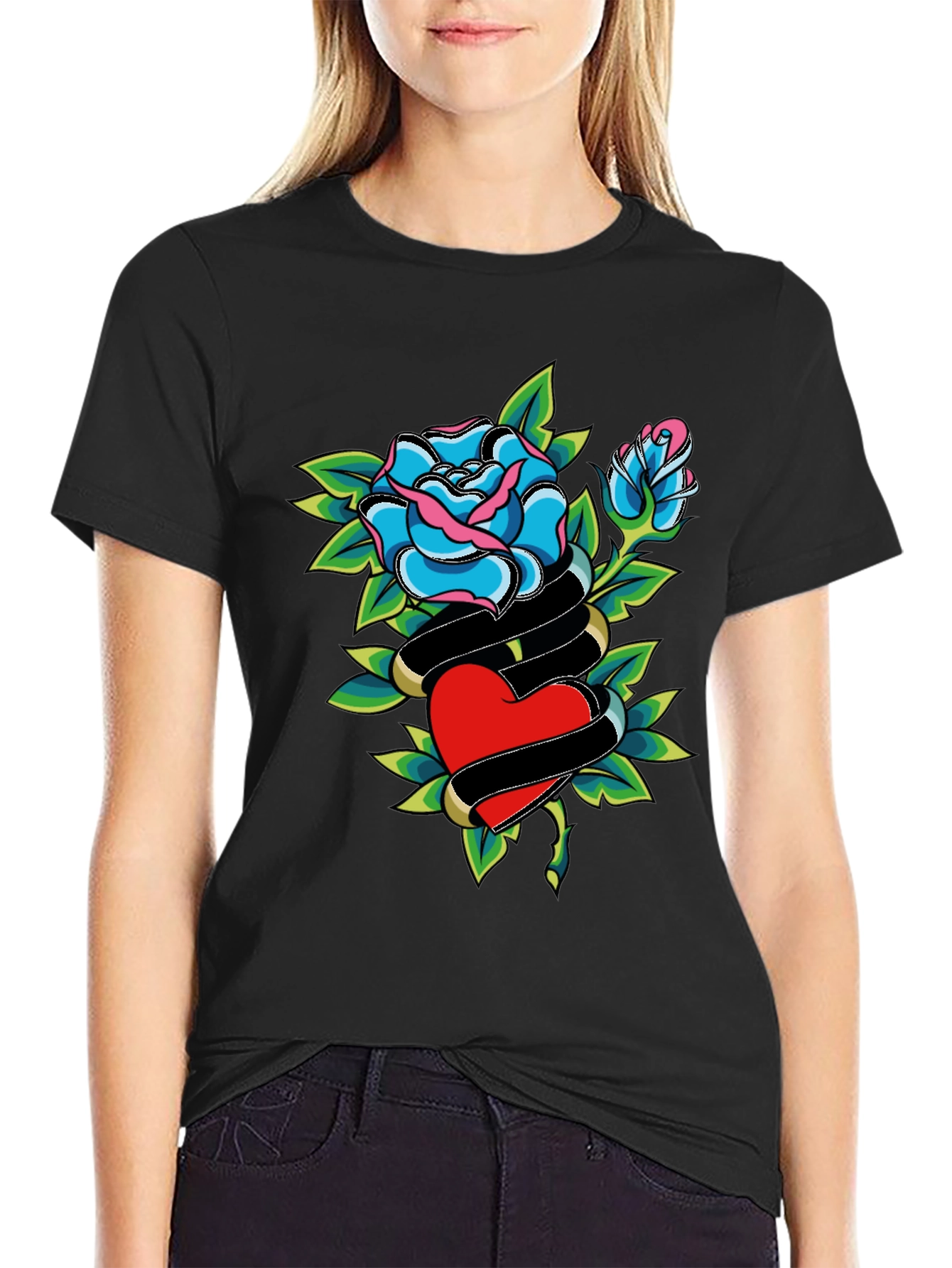 Rose & Heart Graphic Black T-Shirt