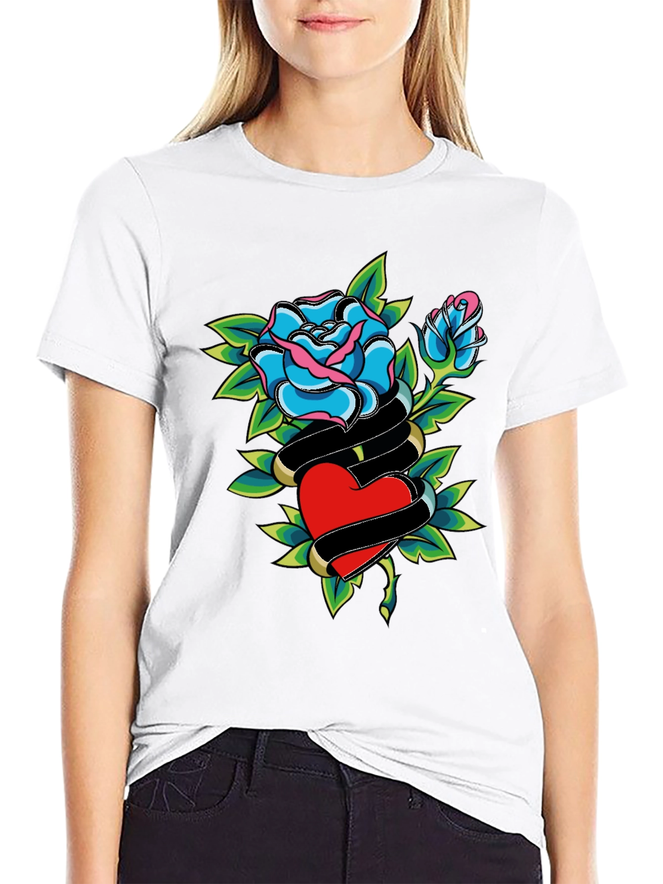 Rose & Heart Graphic Black T-Shirt
