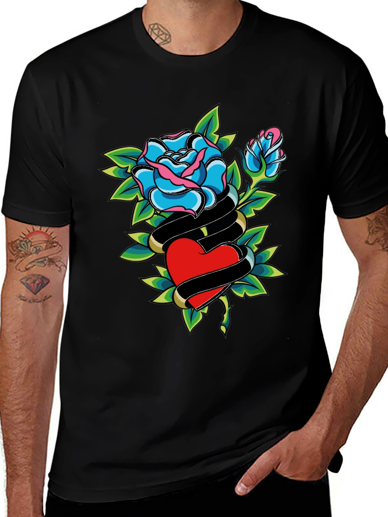Rose & Heart Graphic Black T-Shirt
