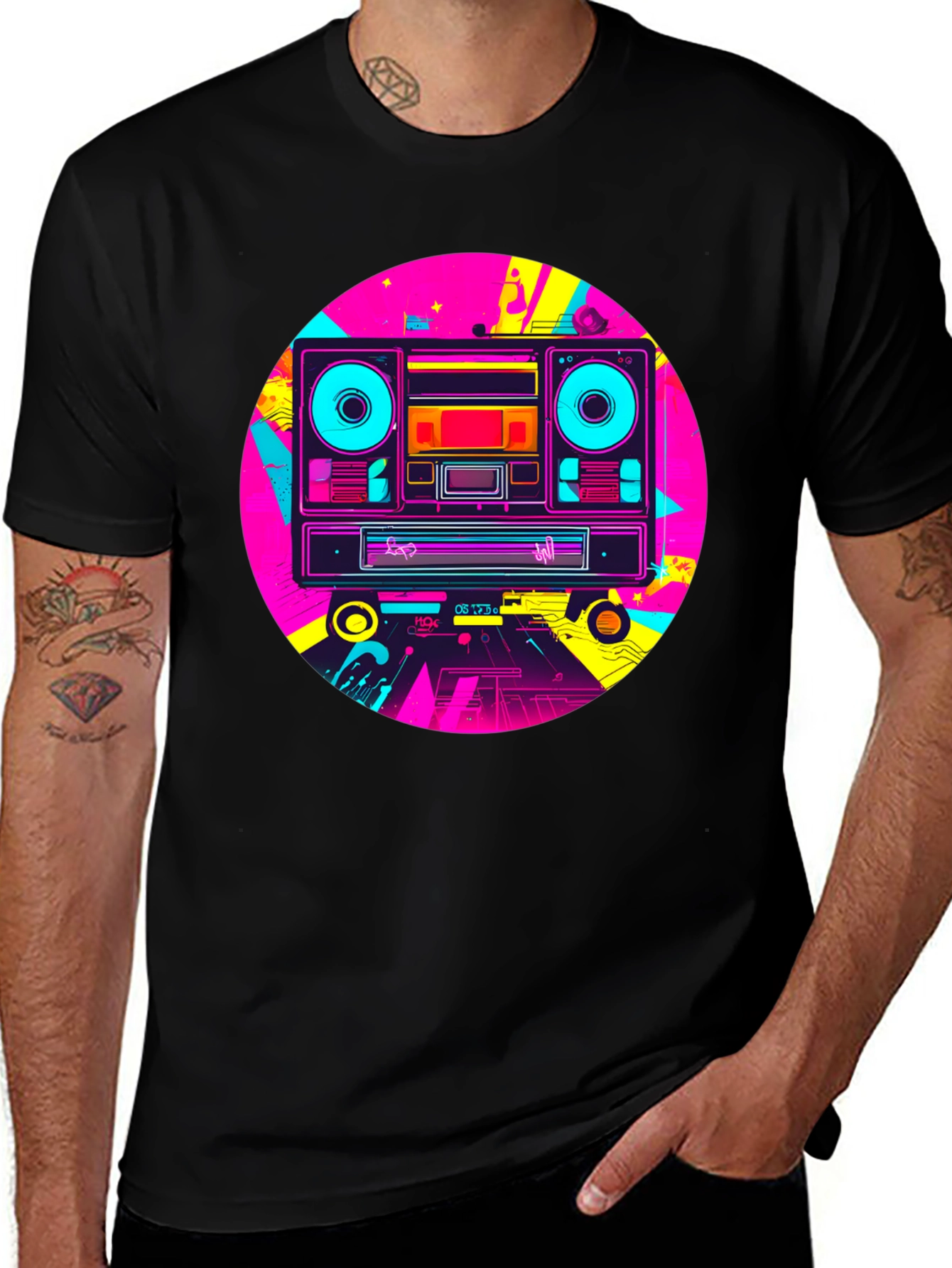 Retro Boombox Graphic T-Shirt - Black