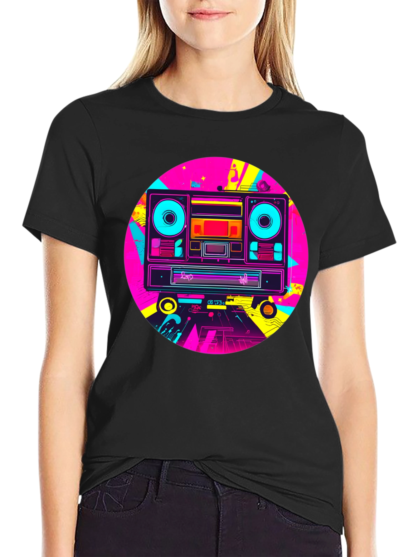 Retro Boombox Graphic T-Shirt - Black