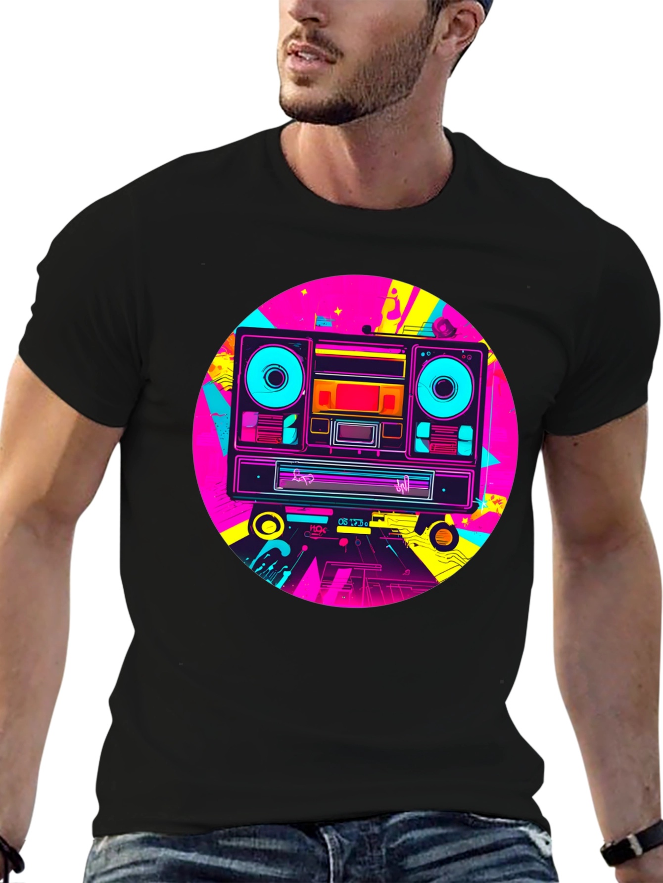 Retro Boombox Graphic T-Shirt - Black