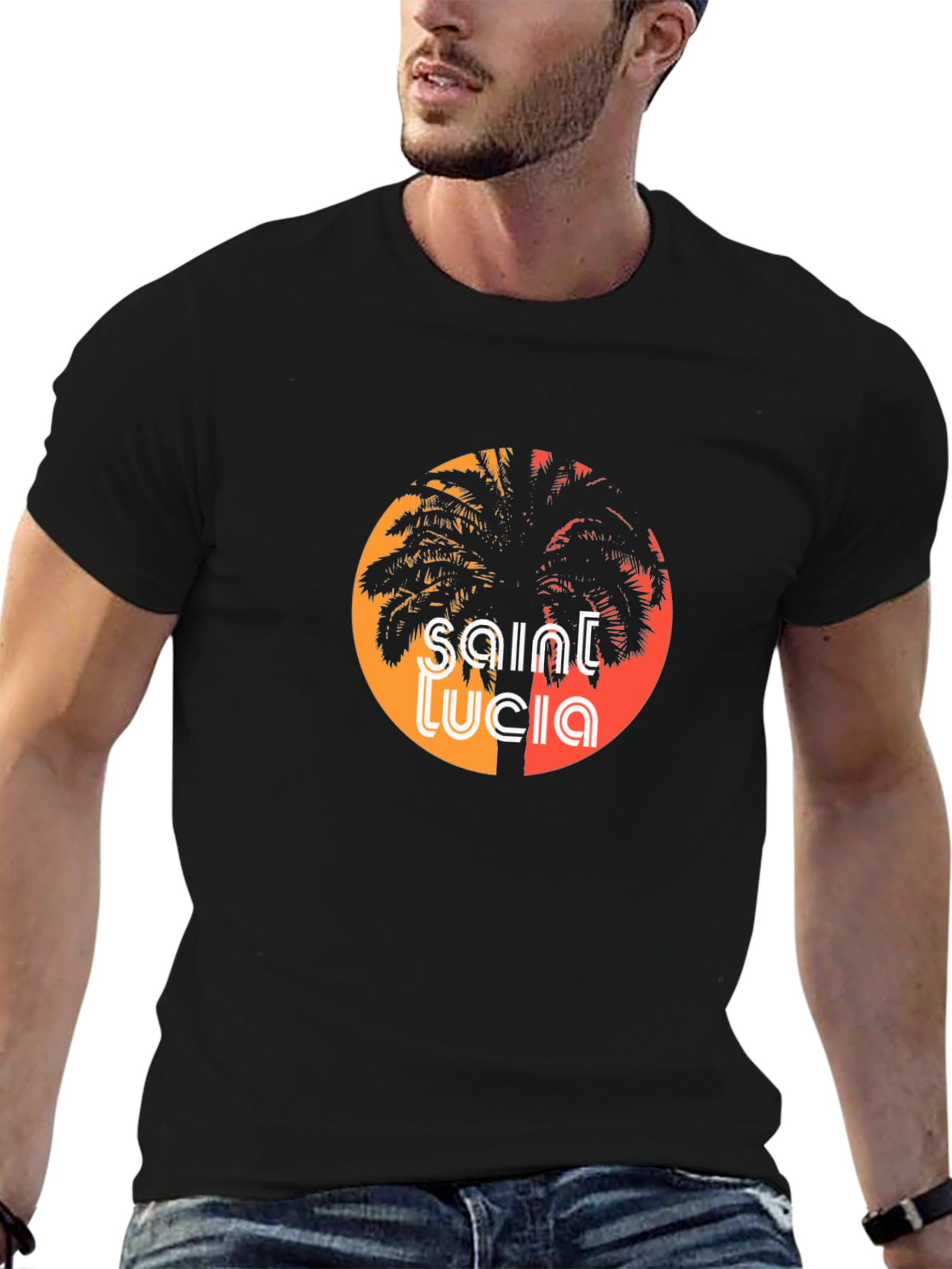 Saint Lucia Palm Tree Graphic Black T-Shirt