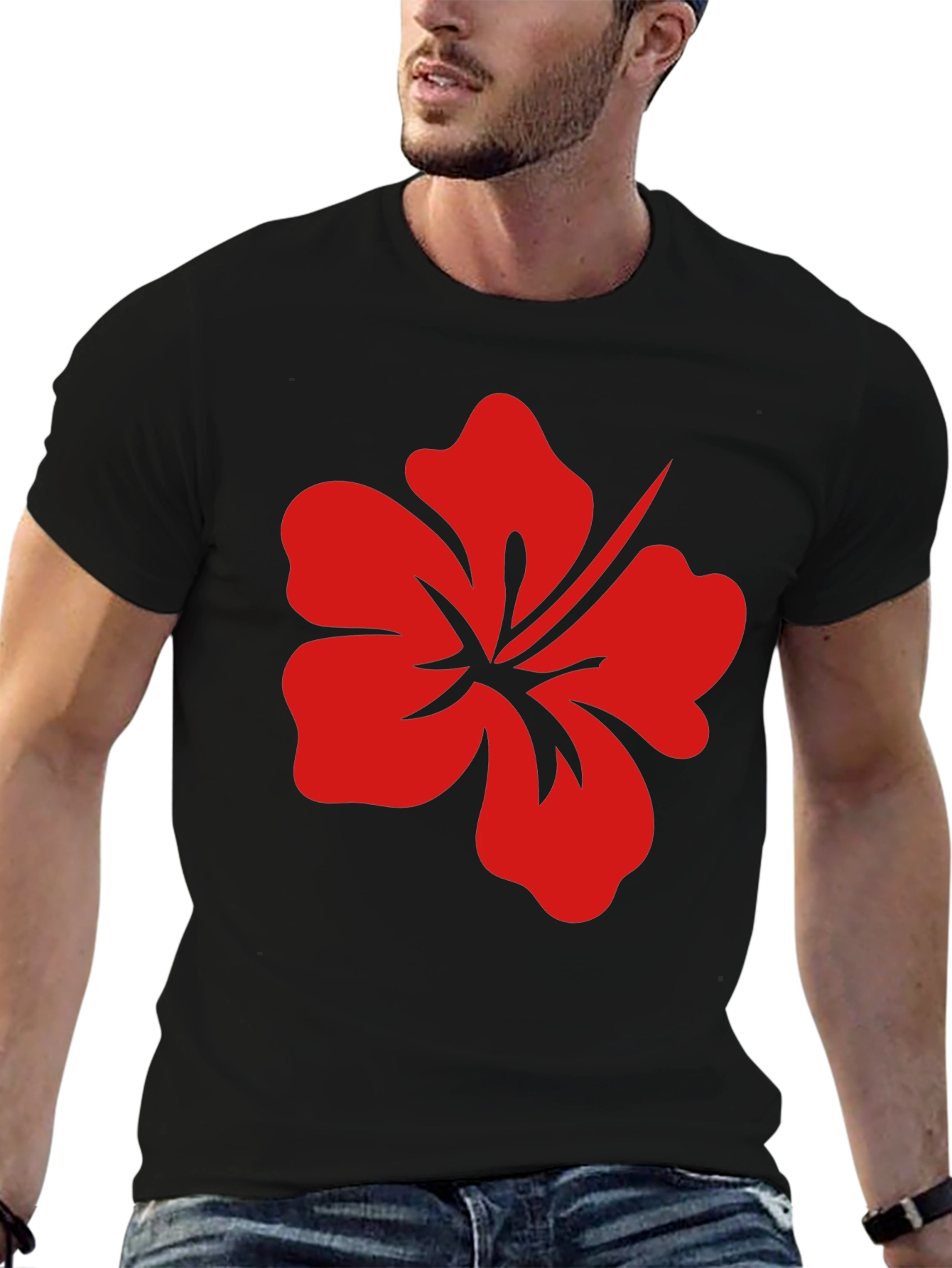 Black T-Shirt with Red Hibiscus Flower