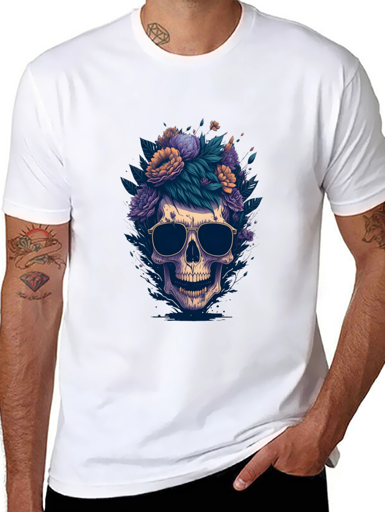 Skull & Flowers Graphic Tee - Black