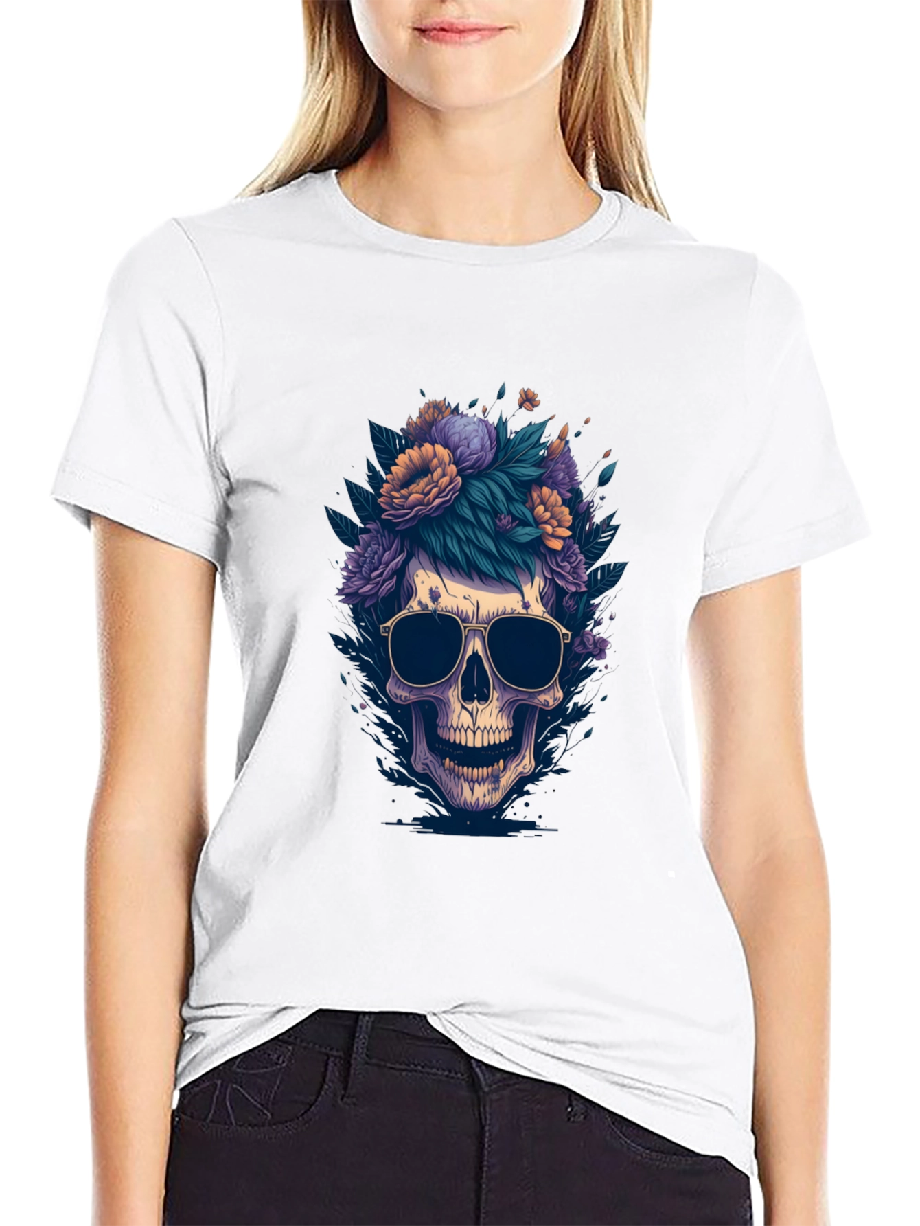 Skull & Flowers Graphic Tee - Black