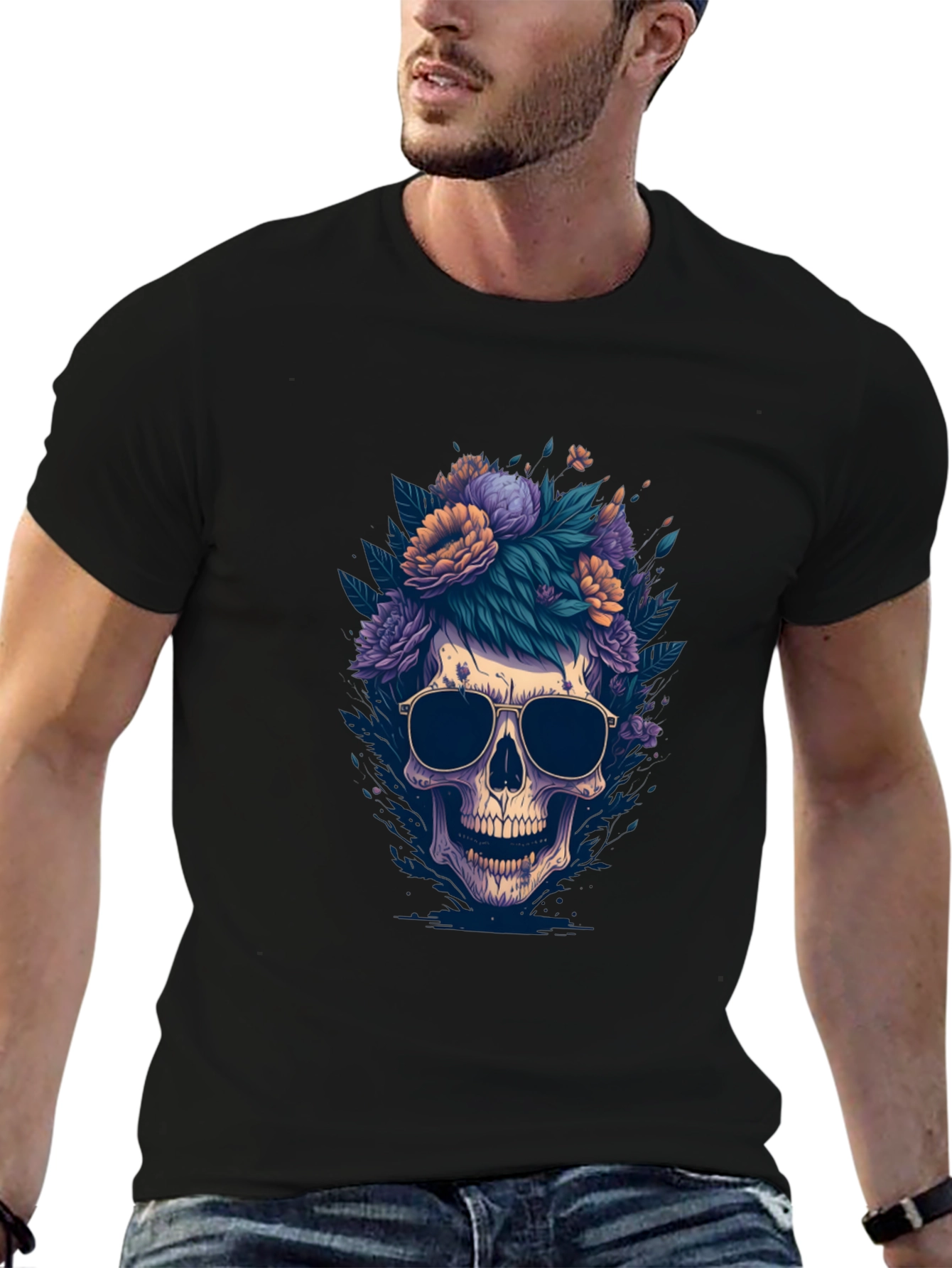 Skull & Flowers Graphic Tee - Black
