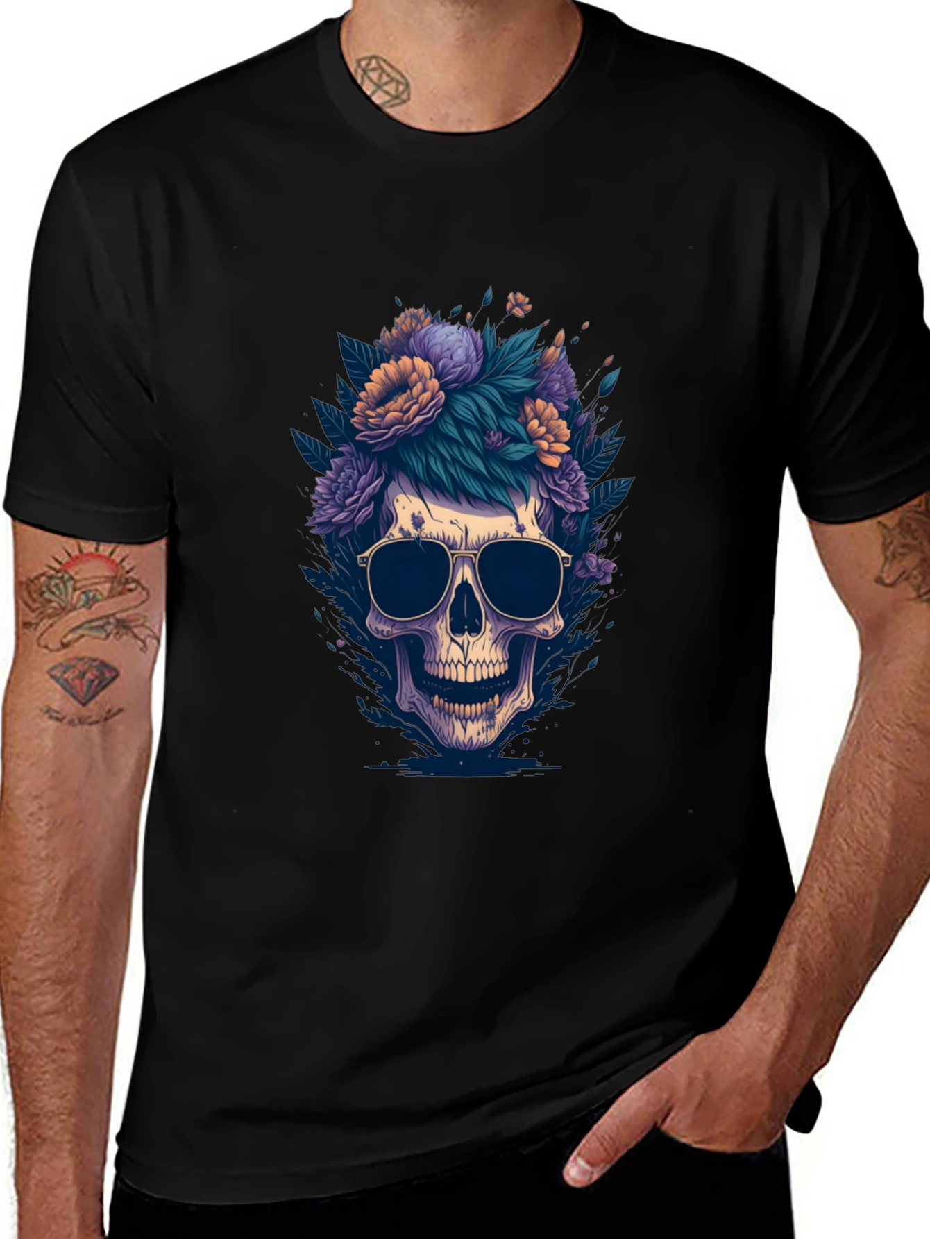 Skull & Flowers Graphic Tee - Black