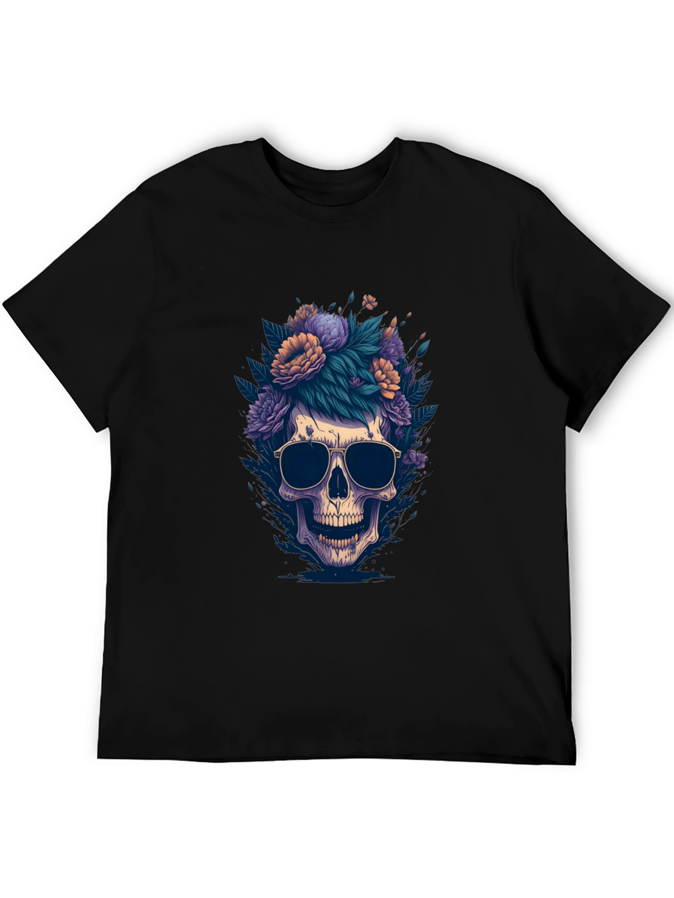 Skull & Flowers Graphic Tee - Black