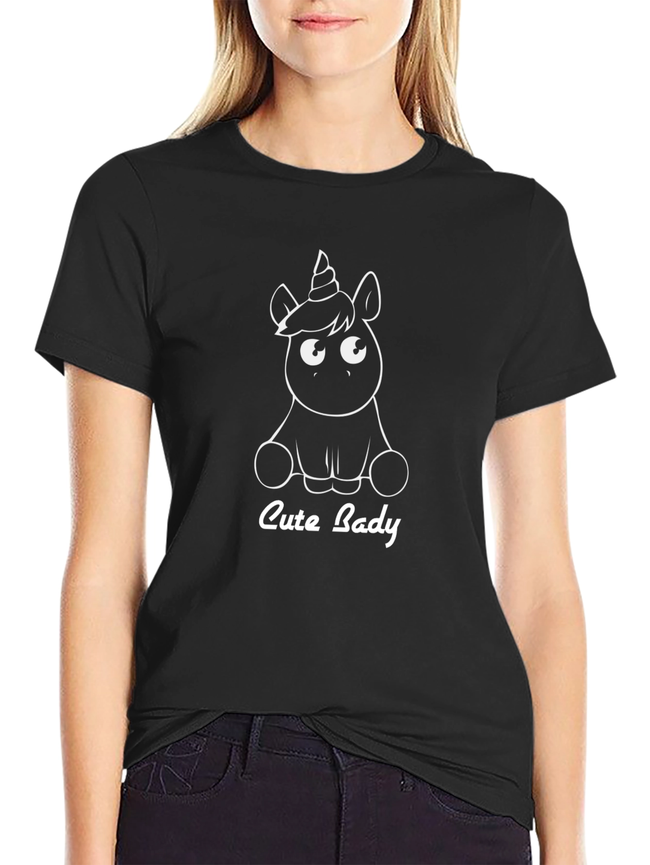 Cute Lady Unicorn Black T-Shirt