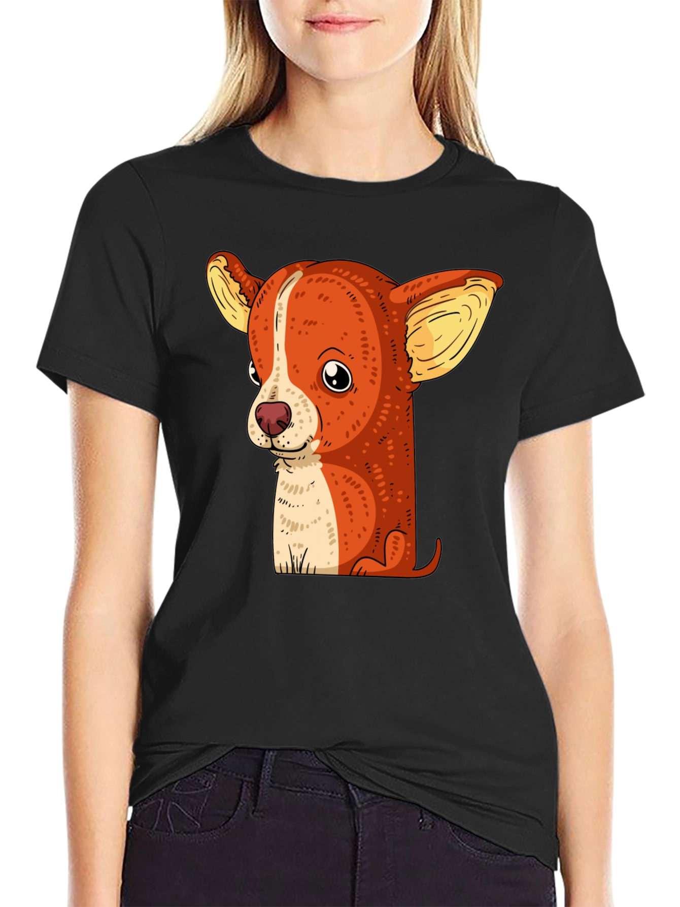 Cute Chihuahua Dog Graphic Print Black T-Shirt