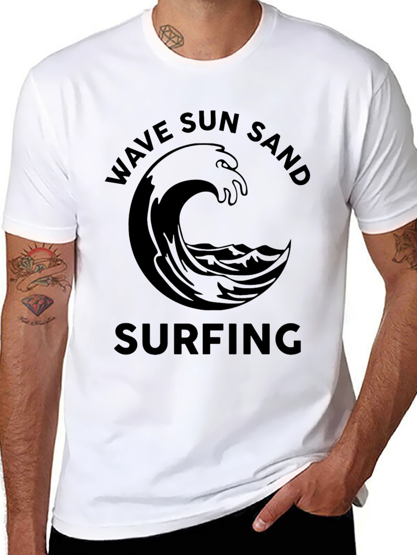 Wave Sun Sand Surfing Black Graphic Tee